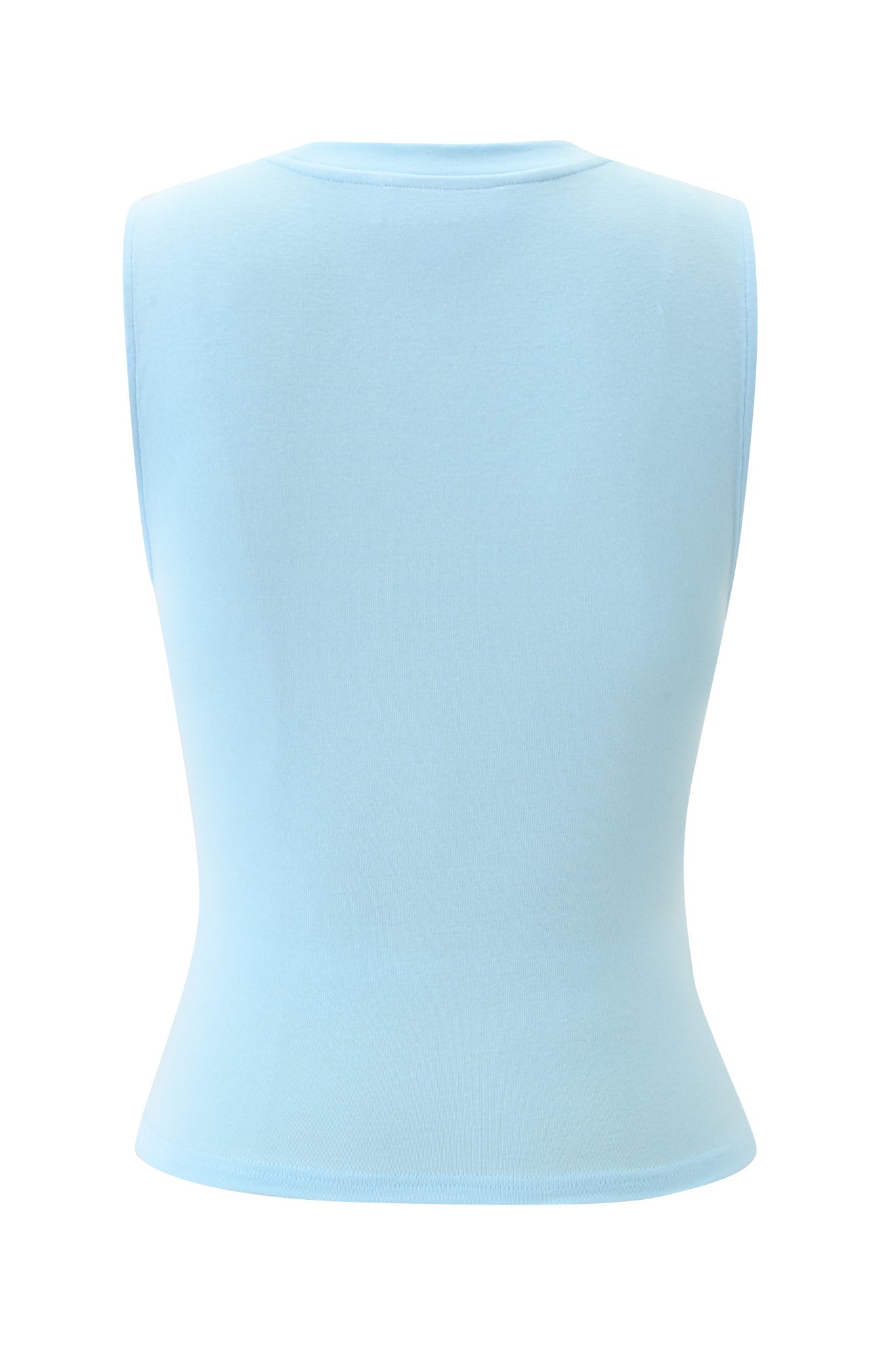 The COURTNEY TANK - LUCKY YOU by I.AM.GIA is shown from the back in powder blue, featuring a bodycon fit and round neckline, displayed on a white background.