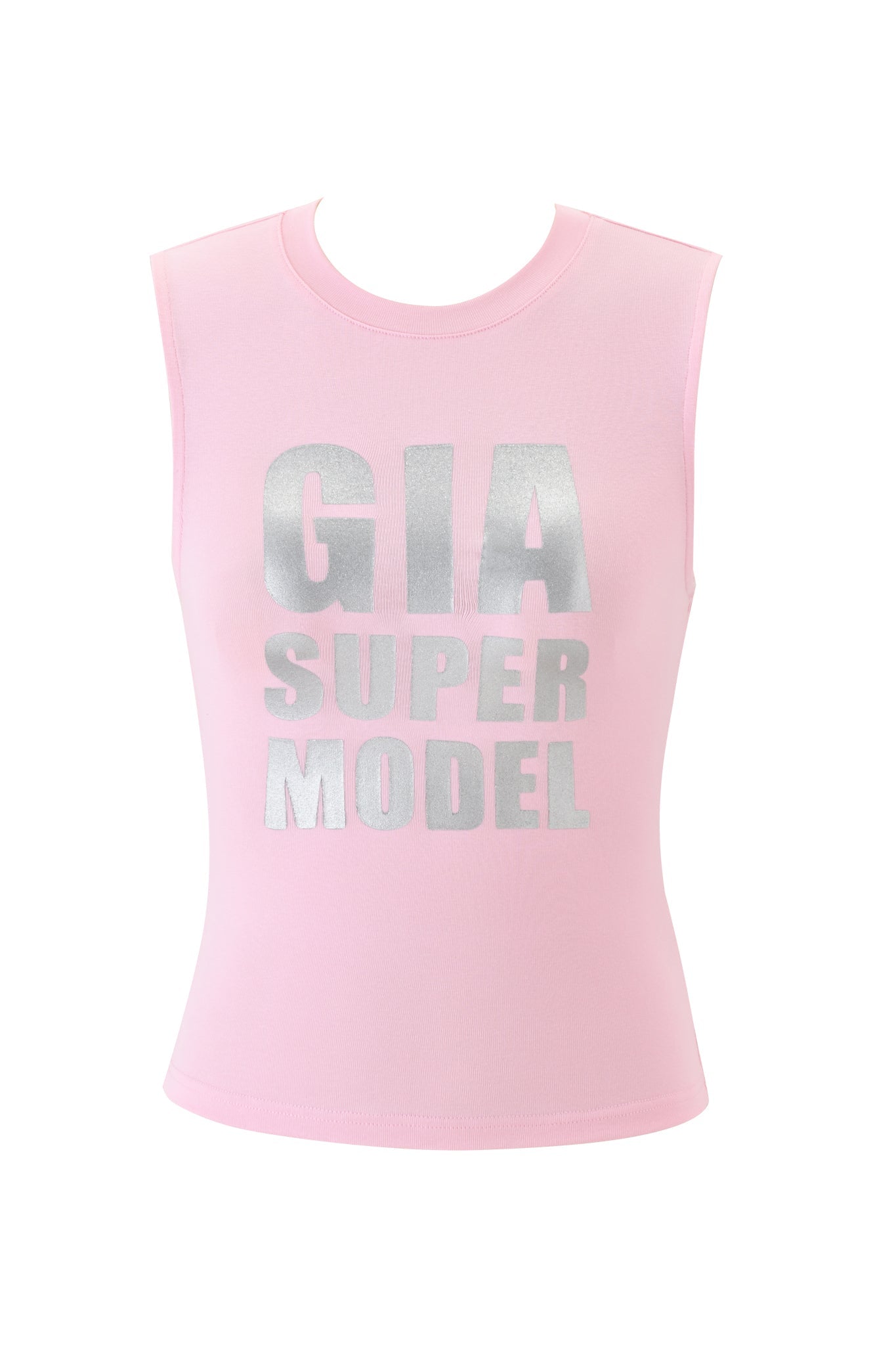 The COURTNEY TANK - SUPER MODEL by I.AM.GIA is a baby pink bodycon muscle crop top with bold silver metallic glitter "GIA SUPER MODEL" text on the front, shown on a plain white background.