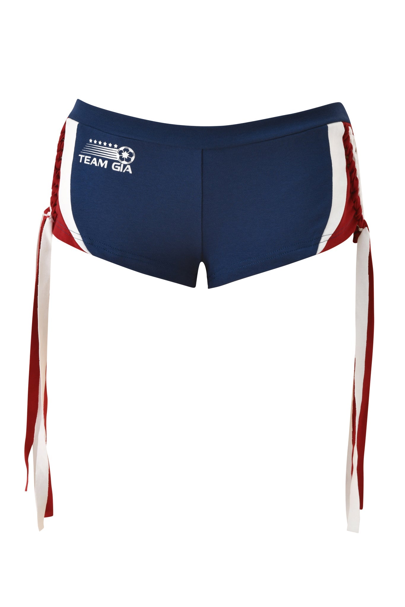 The I.AM.GIA NOVIA MICRO SPORT SHORT in navy features "TEAM GIA" with a soccer ball graphic on the left, white and red side stripes, long red and white side laces, and a sporty micro mini silhouette.