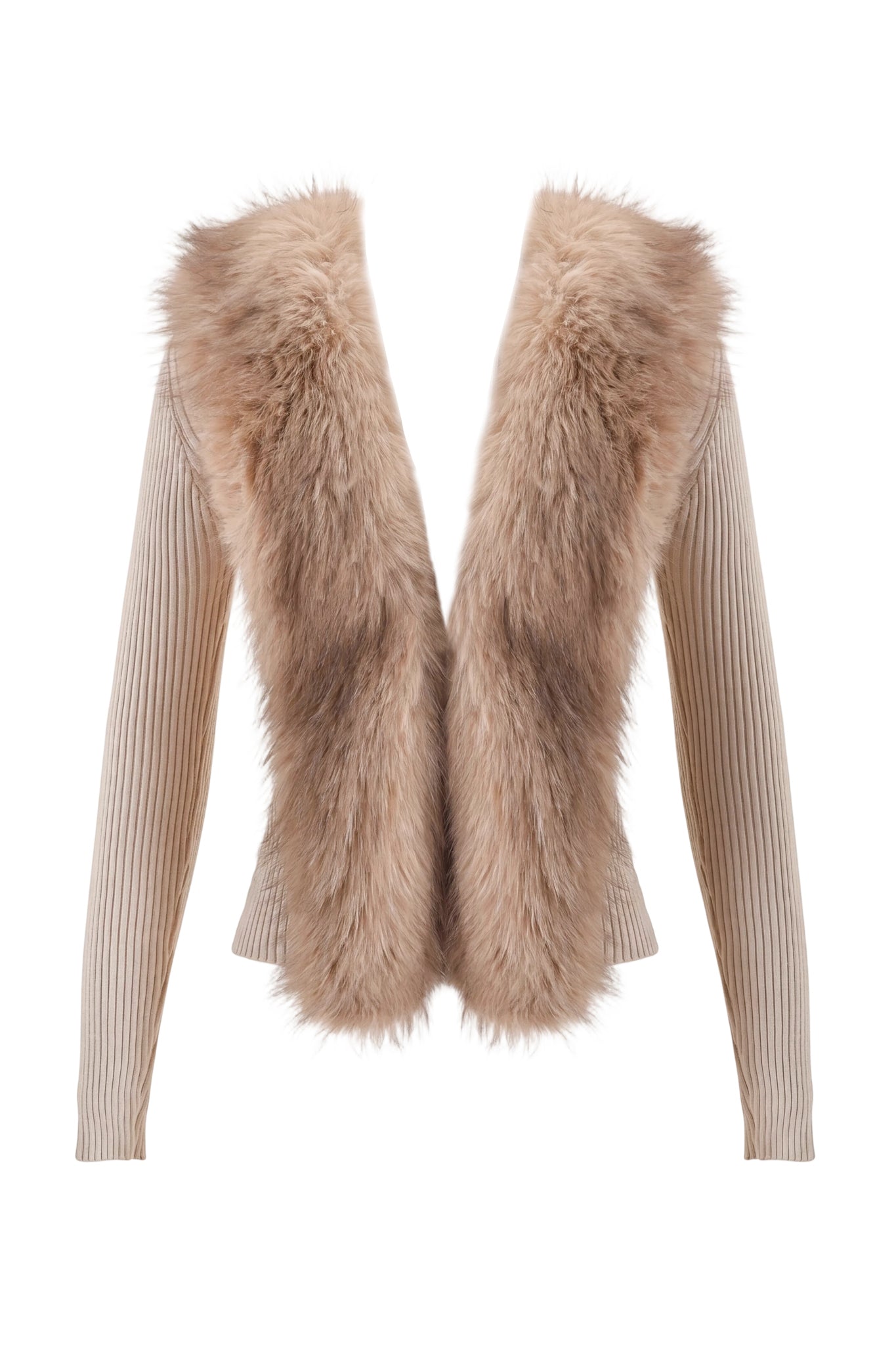 The I.AM.GIA KYTIA FAUX FUR CARDIGAN - BEIGE features a beige ribbed long-sleeve design with a thick, fluffy light brown faux fur trim elegantly draped in a V-shape across the front. This cozy rib knit cardigan is perfect for layering and adds an element of sophistication to any cool-weather outfit. The background is plain white.