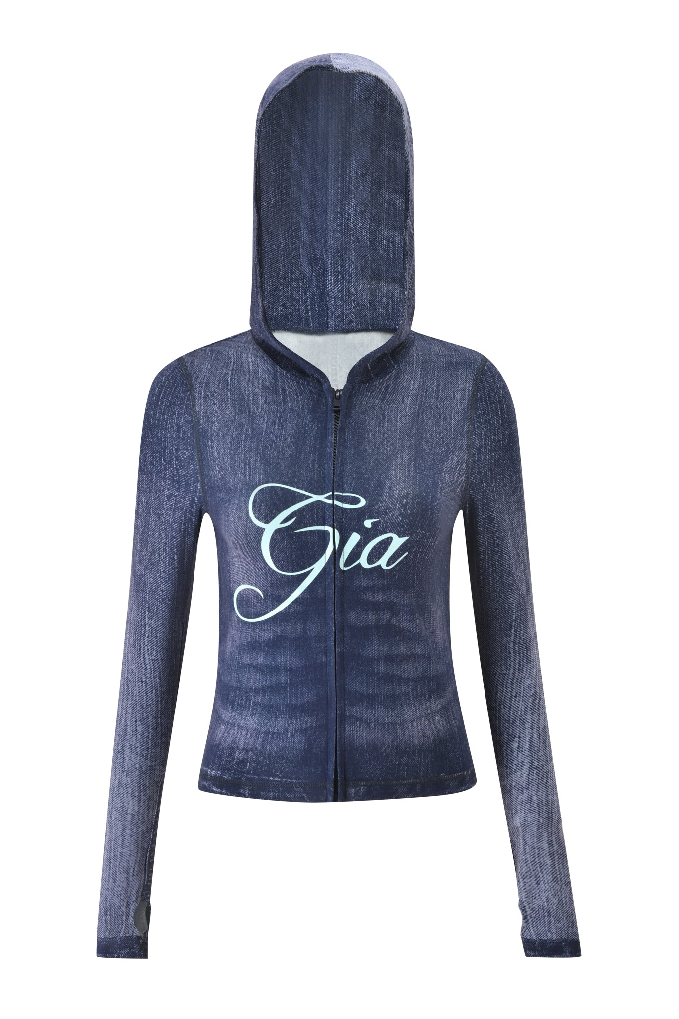 The BLARE HOODIE - DARK DENIM by I.AM.GIA features blue, long sleeves, a textured dark denim print, and "Gia" in white script on the chest. Made from soft bamboo fabric and shown on a plain white background.