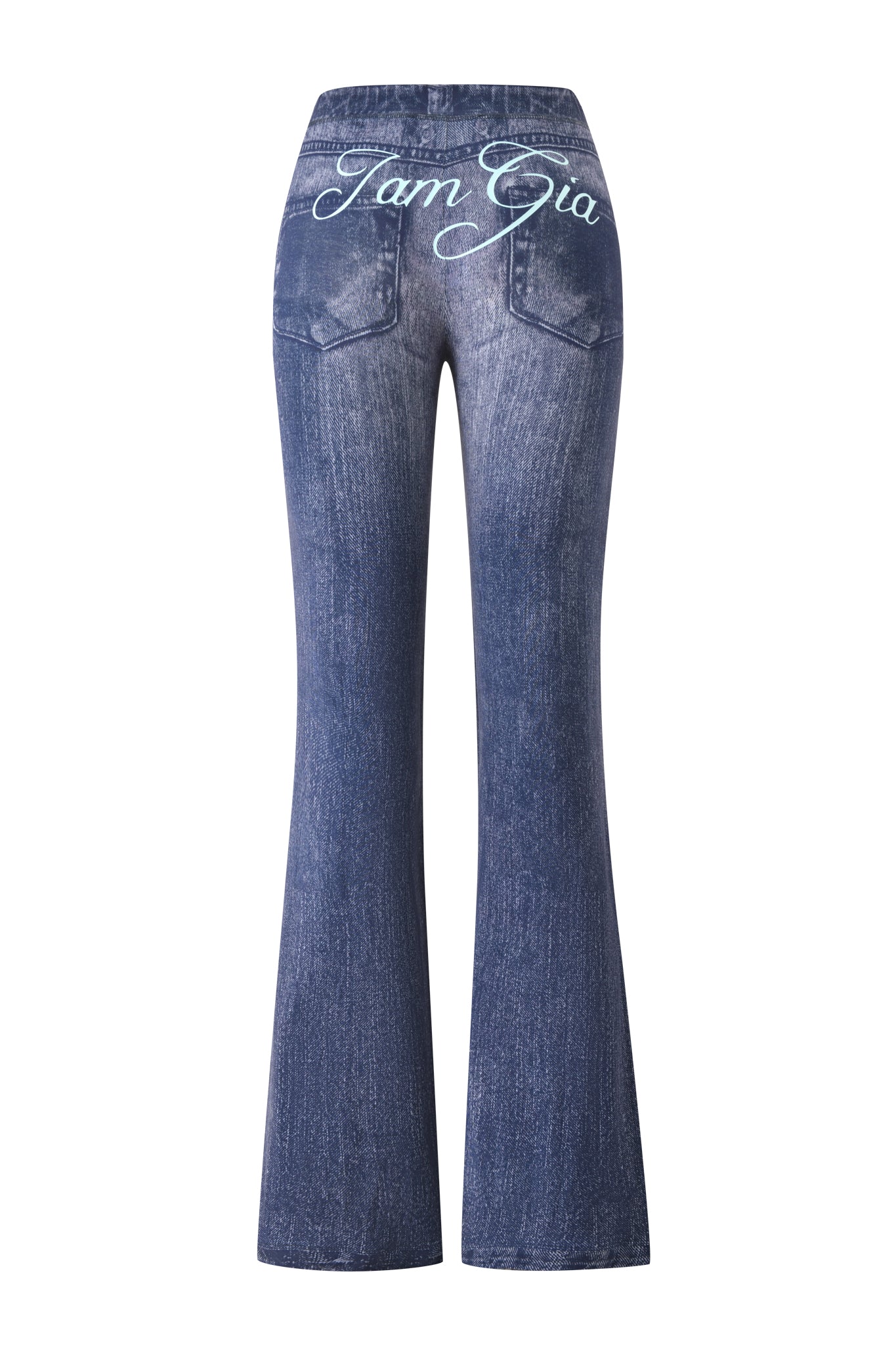 Back view of I.AM.GIA BLARE TRACKPANT - DARK DENIM, featuring two back pockets and white cursive "IamGia" text across the waistband, inspired by their iconic trackpant style.