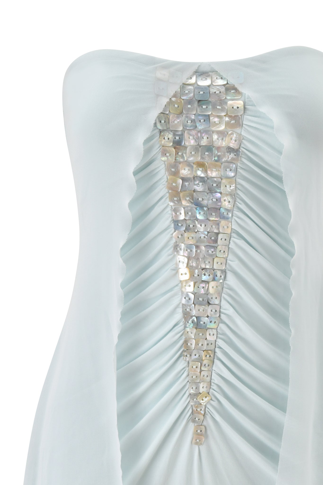 Close-up of the I.AM.GIA ARIEL MINI DRESS in baby blue, highlighting its central panel with iridescent square sequins and ruched fabric detailing.