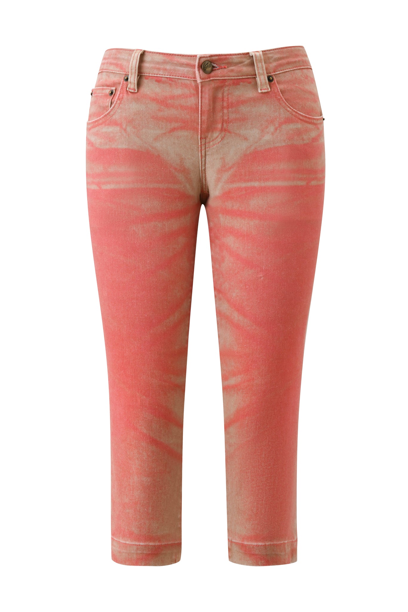 The SUNSET CAPRI JEAN - PEACH by I.AM.GIA features a cropped capri silhouette in comfortable stretch denim with a pink, beige, and peach ombré tie-dye wash. These jeans are designed with front pockets, belt loops, and a button closure.