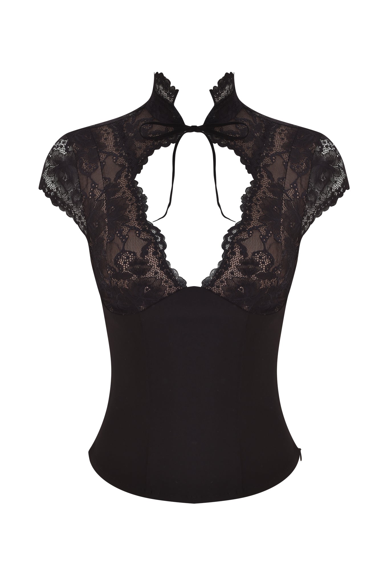 The ANISTON CORSET - BLACK by I.AM.GIA is a black lace halter top with a high neck collar and cap sleeves, featuring an open keyhole front. The upper section displays sheer floral lace detailing, while the lower half provides the structured fit of a corset top with solid fabric contrast.