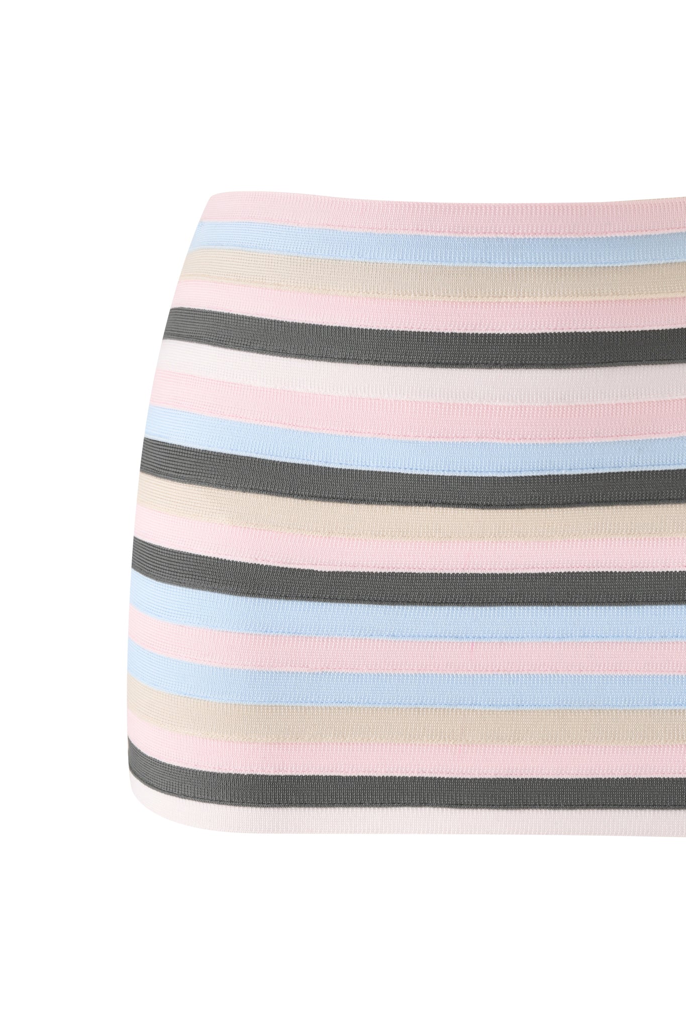 A close-up of the I.AM.GIA NYNA BANDAGE MINI SKIRT - BABY PINK, a low-rise mini skirt with horizontal stripes in pastel pink, blue, beige, white, and gray, shown against a white background.