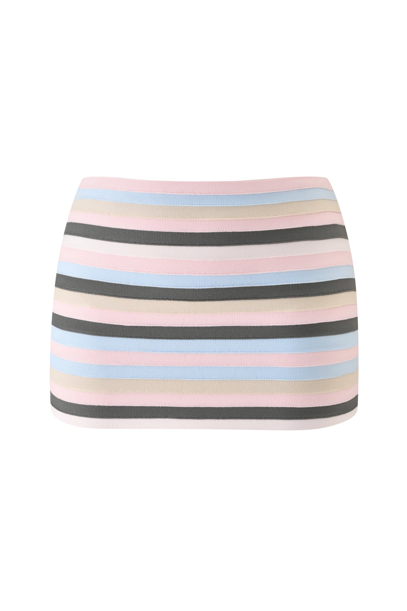 The NYNA BANDAGE MINI SKIRT - BABY PINK by I.AM.GIA is a low-rise, knitted mini skirt featuring horizontal stripes in pastel pink, blue, white, and olive green, shown against a white background.