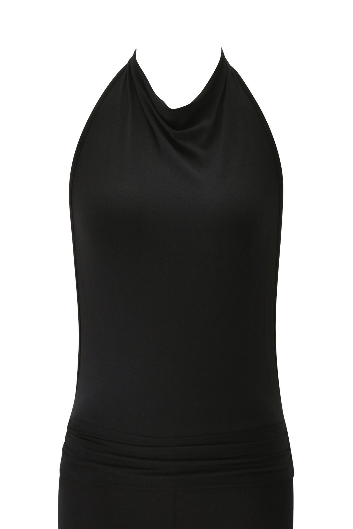 The KAIRA JUMPSUIT - BLACK by I.AM.GIA features a sleeveless halter design with a draped neckline and ruched waistband, displayed on a faceless mannequin against a white background.