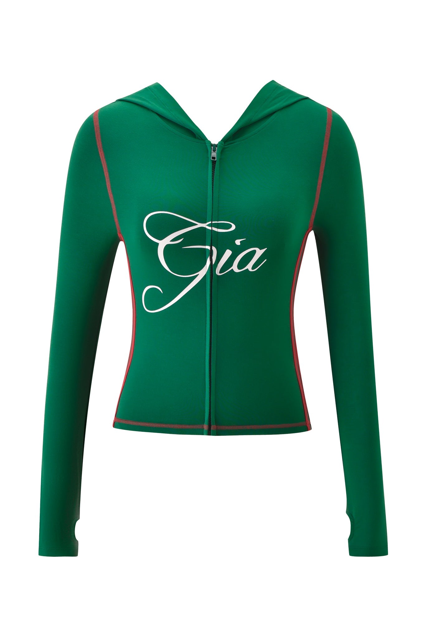 The BLARE SPORT HOODIE AND HEADBAND - GREEN by I.AM.GIA features a green zip-up hoodie with long sleeves, red seams, and "Gia" in white script. Made from buttery-soft fabric, it pairs perfectly with the included sport headband.