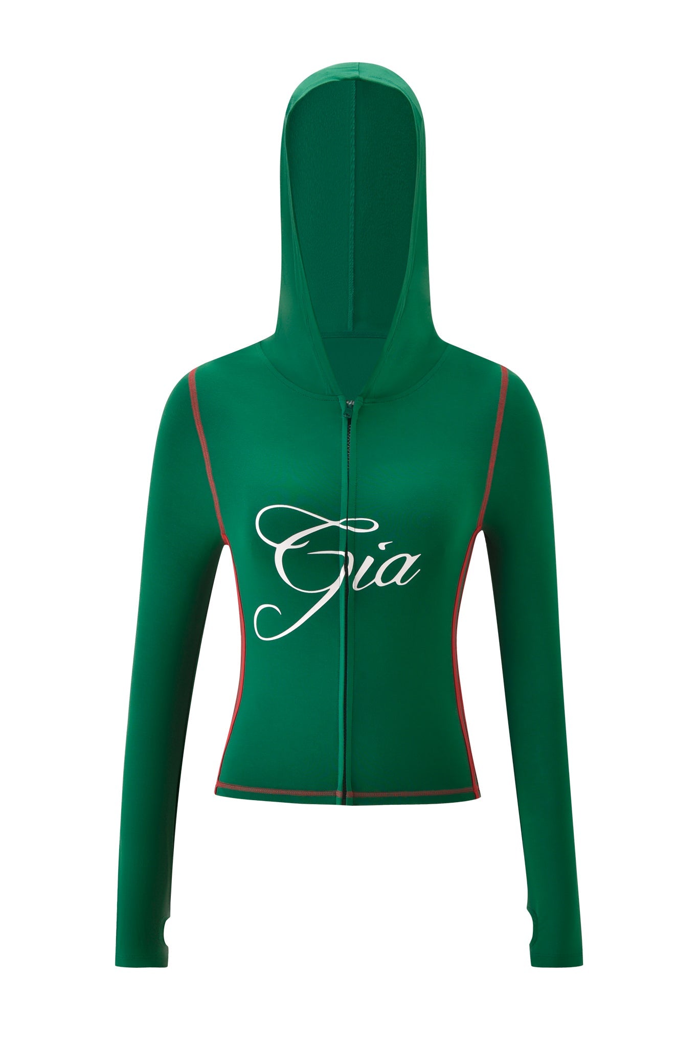 The BLARE SPORT HOODIE AND HEADBAND - GREEN by I.AM.GIA features buttery-soft fabric, a hood, long sleeves, red piping on the shoulders and sides, and "Gia" in white script across the chest for a sporty look.