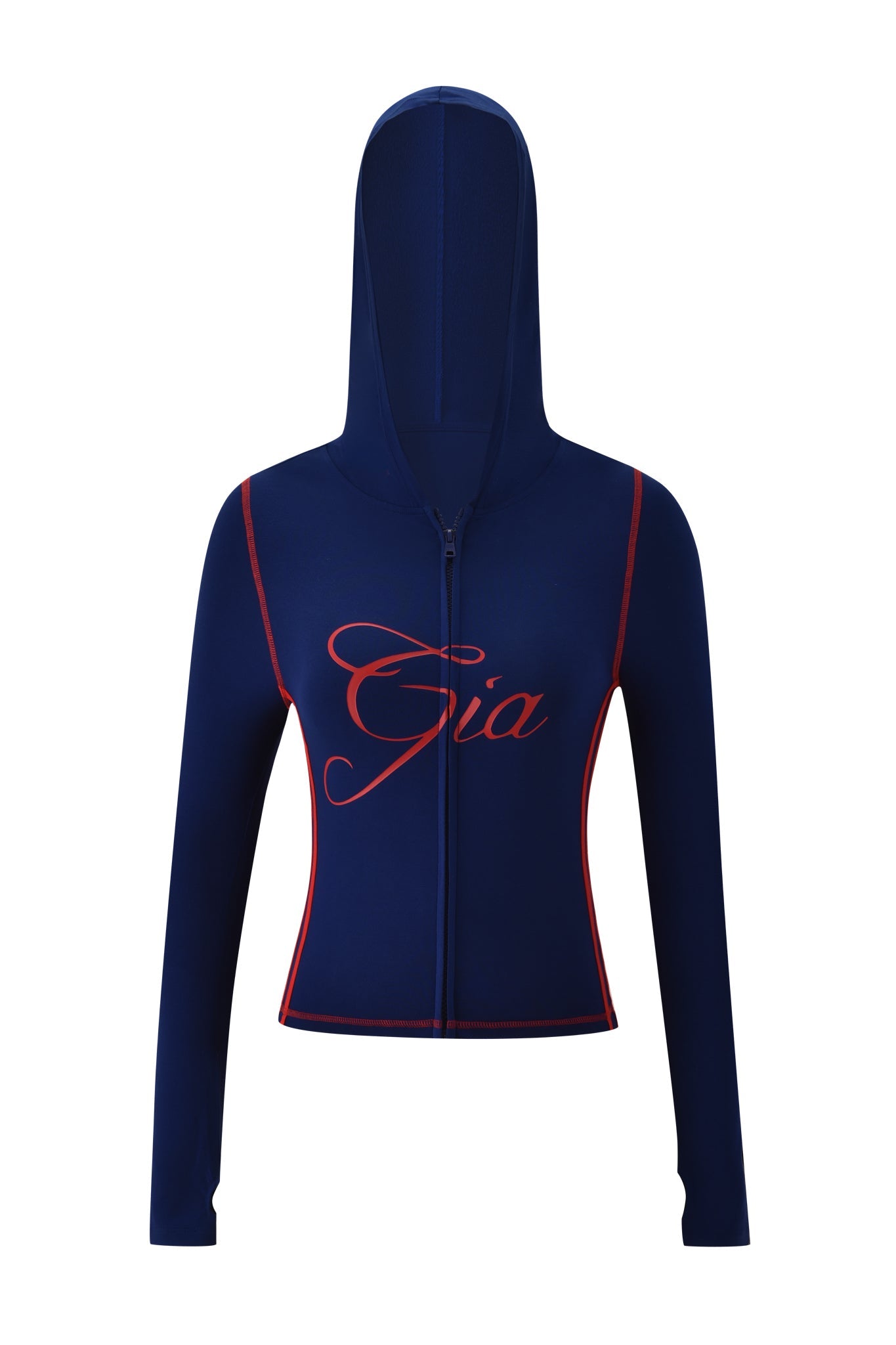 The BLARE SPORT HOODIE AND HEADBAND - NAVY by I.AM.GIA is a navy zip-up hoodie with a bodycon fit, long sleeves, red stitching, and "Gia" in bold red cursive across the chest.