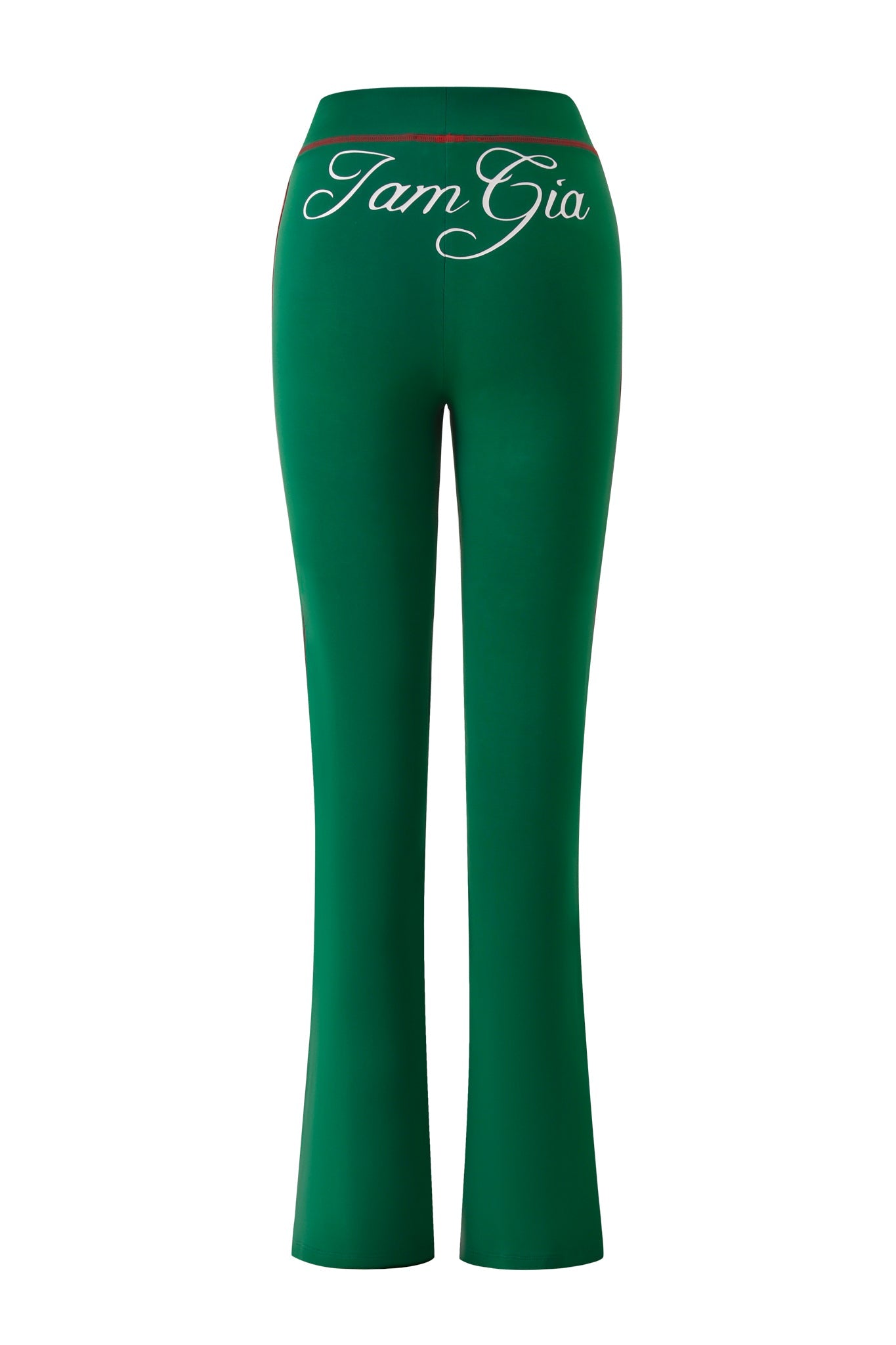 The BLARE SPORT TRACKPANT - GREEN by I.AM.GIA is a green flared sporty trackpant viewed from the back, featuring "I.AM.GIA" in large white script across the waistband.