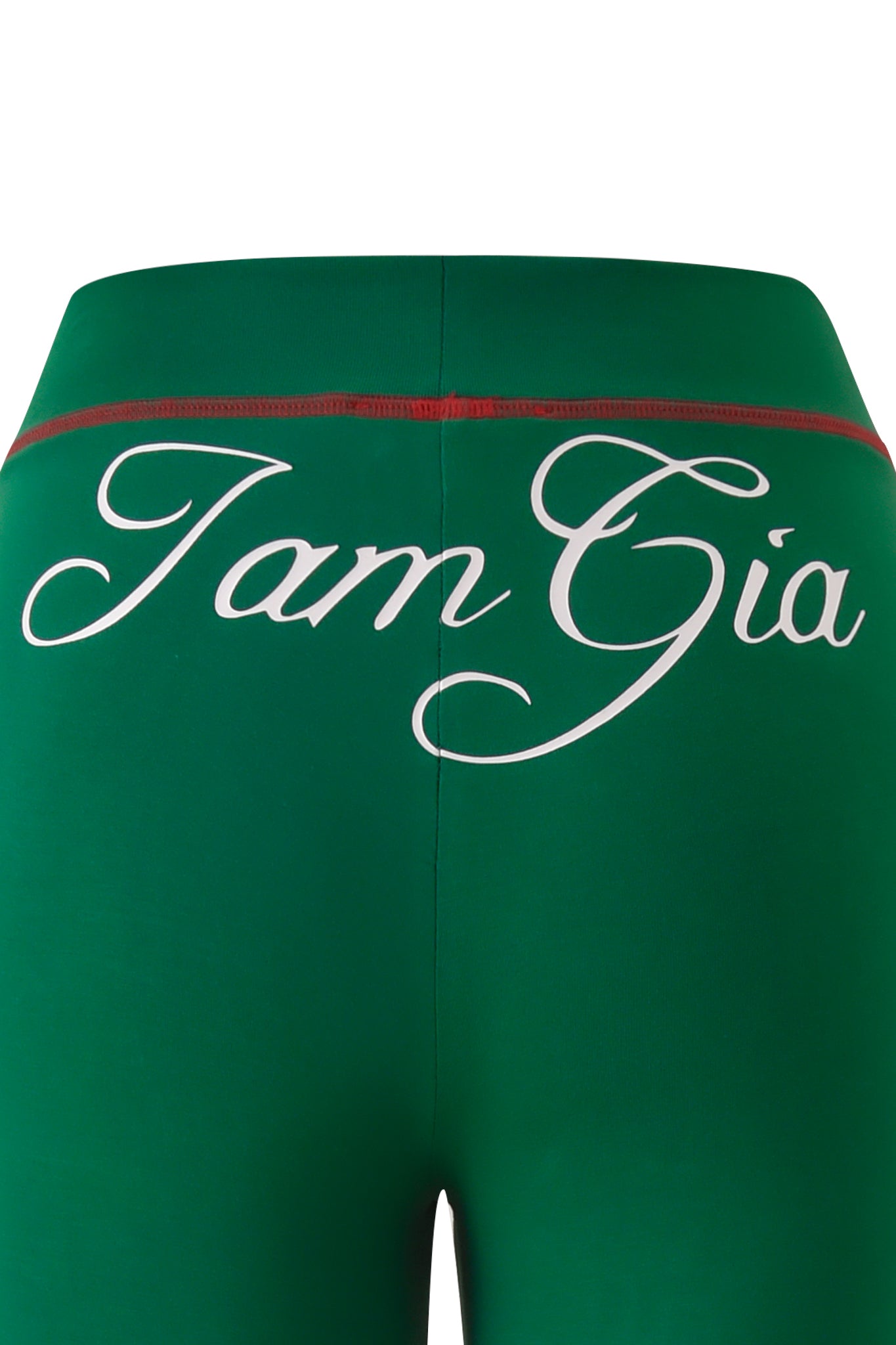 The BLARE SPORT TRACKPANT in green by I.AM.GIA features a bold red waistband and large white “I am Gia” script across the back, offering a sporty, standout trackpant look.