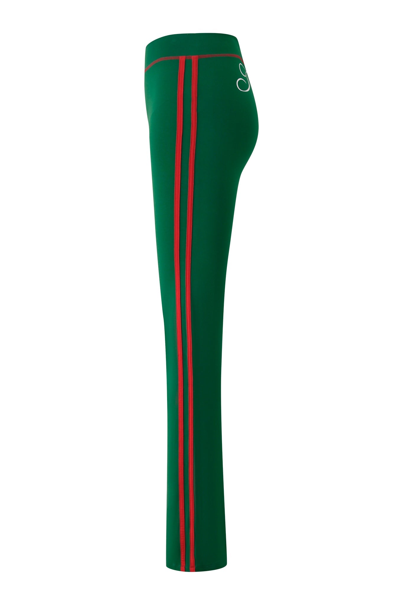 The BLARE SPORT TRACKPANT - GREEN by I.AM.GIA features a high waist, two red side stripes, and a white embroidered "S" near the hip, shown on a plain white background.