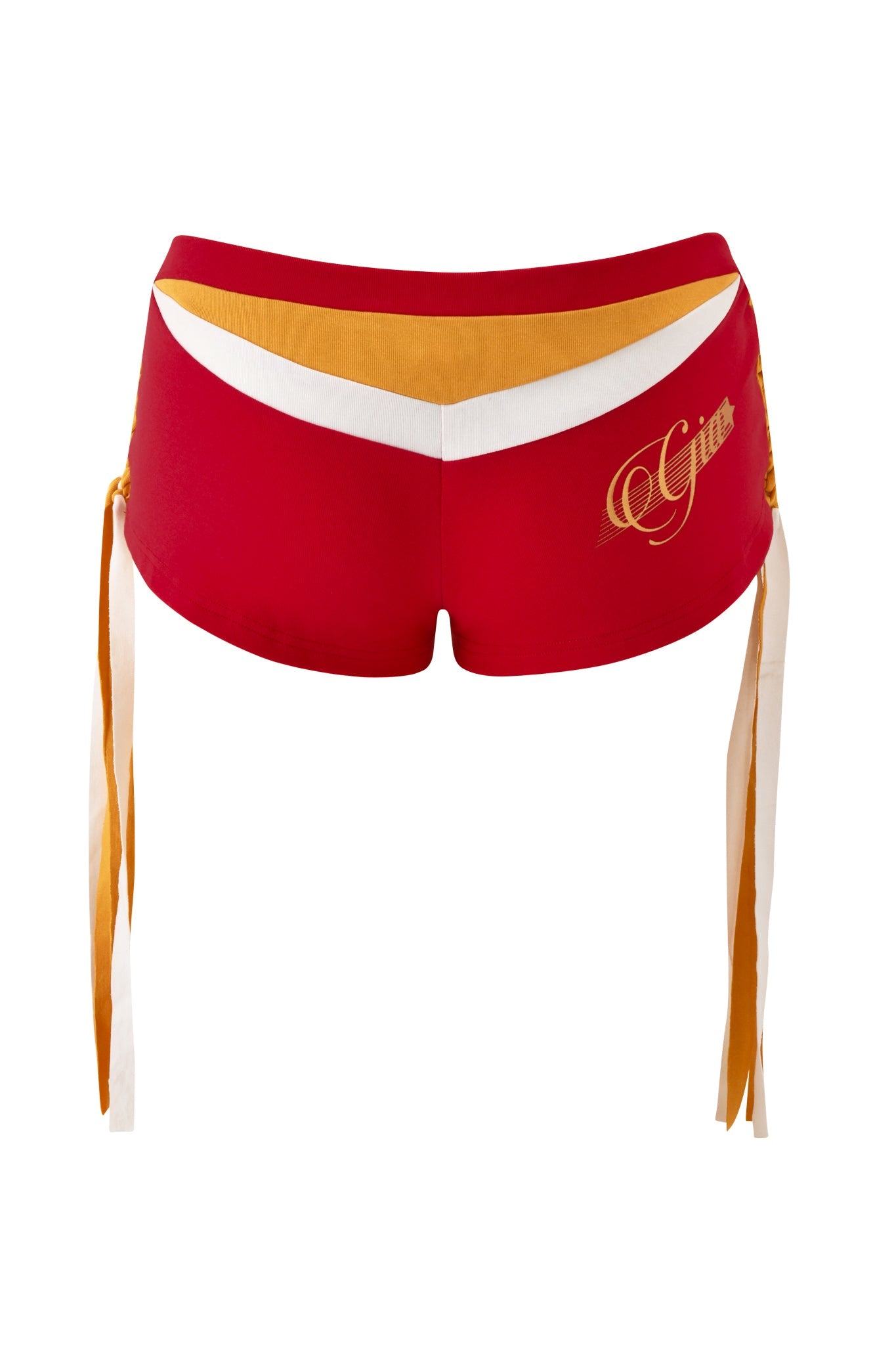 The NOVIA MICRO SPORT SHORT - RED by I.AM.GIA is a red micro mini short with a low rise, featuring white and gold chevron stripes on the back, gold script detail, and long white and gold ties at the sides.