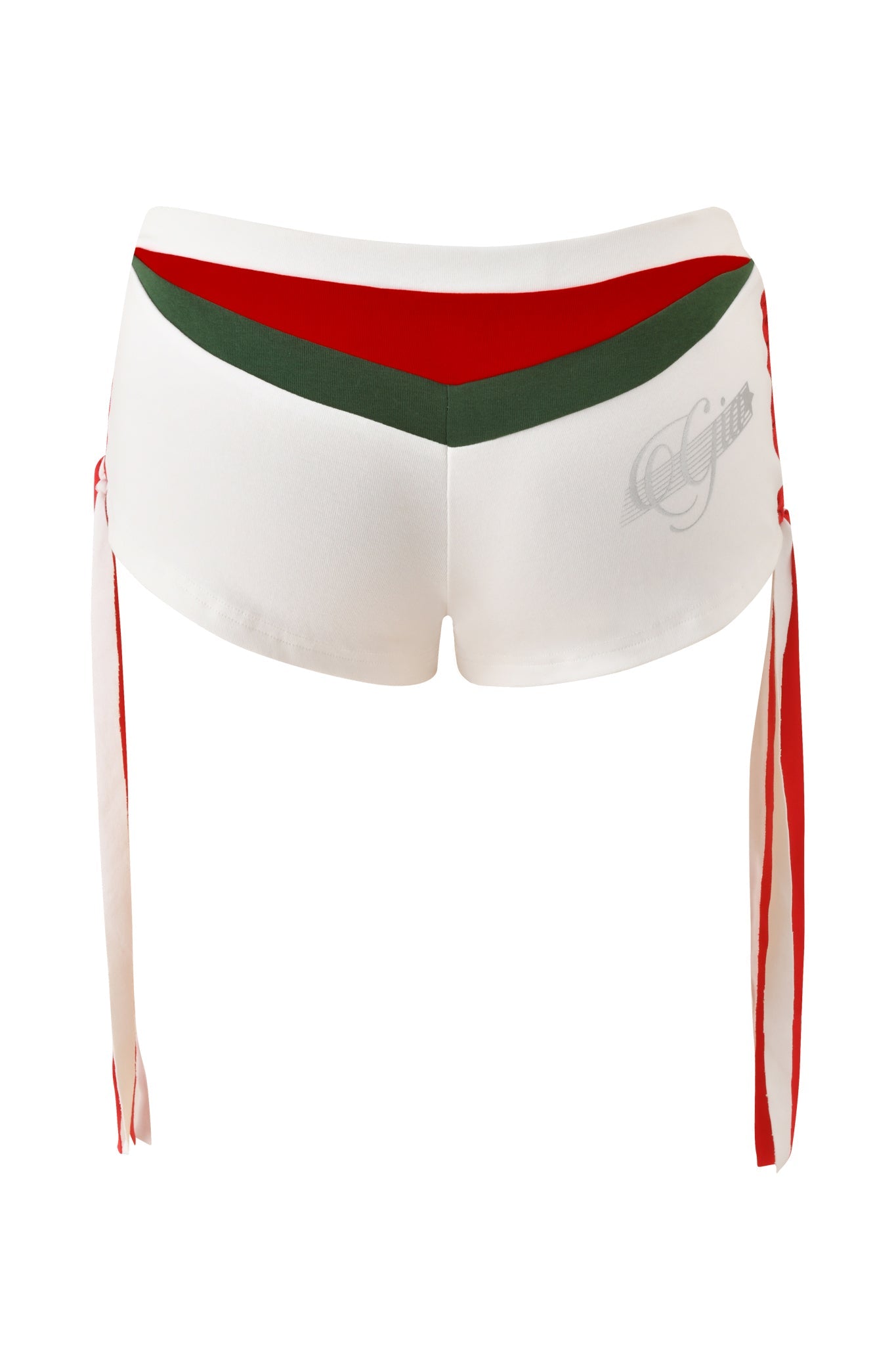 The NOVIA MICRO SPORT SHORT - WHITE by I.AM.GIA features a low-rise waist, red and green V-shaped stripes on the back, side ties, and a subtle cursive logo on the right.