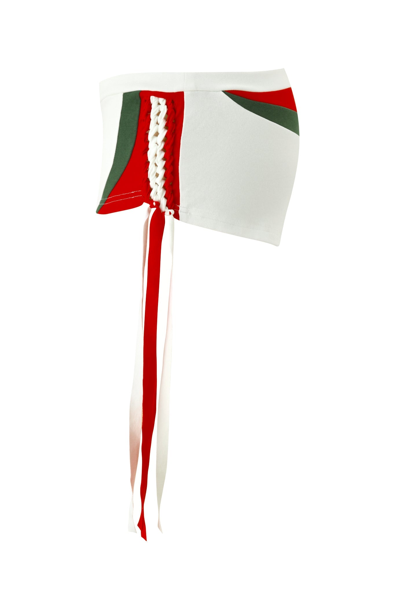 The I.AM.GIA NOVIA MICRO SPORT SHORT in white features red and green panels, a low-rise waist, white lace-up side detail, and long red, green, and white ribbon ties.