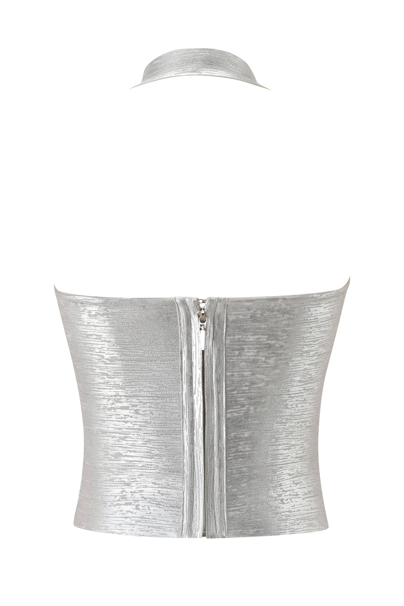The I.AM.GIA AIDEN PLATINUM BANDAGE TOP in silver features a metallic strapless design, textured finish, visible back zipper, and a matching detachable choker, styled as a premium knit crop top on a white background.
