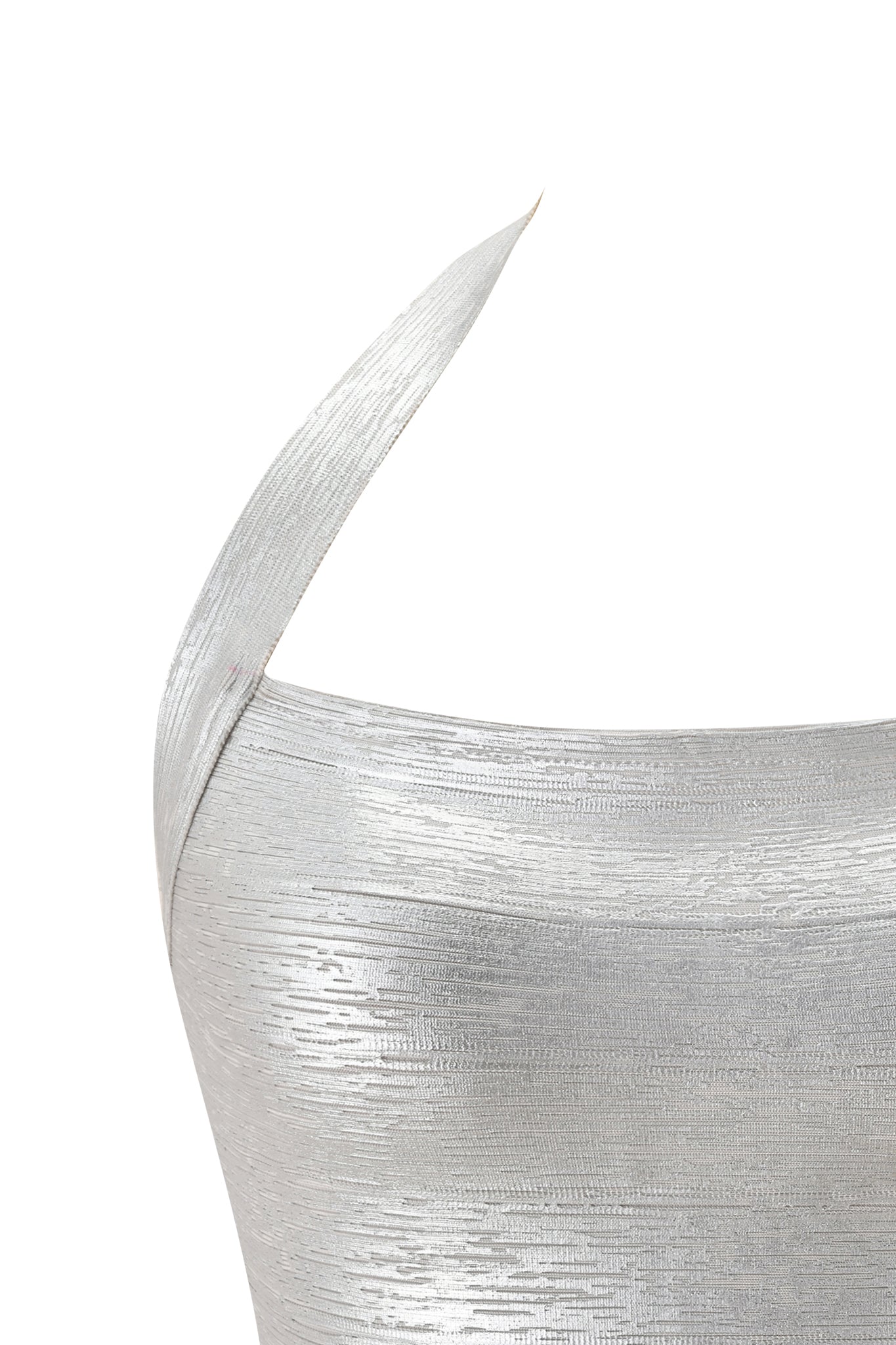 Close-up of the I.AM.GIA AIDEN PLATINUM BANDAGE TOP in silver, featuring a wide single shoulder strap and a subtle horizontal lined pattern for added texture, displayed on a white background.