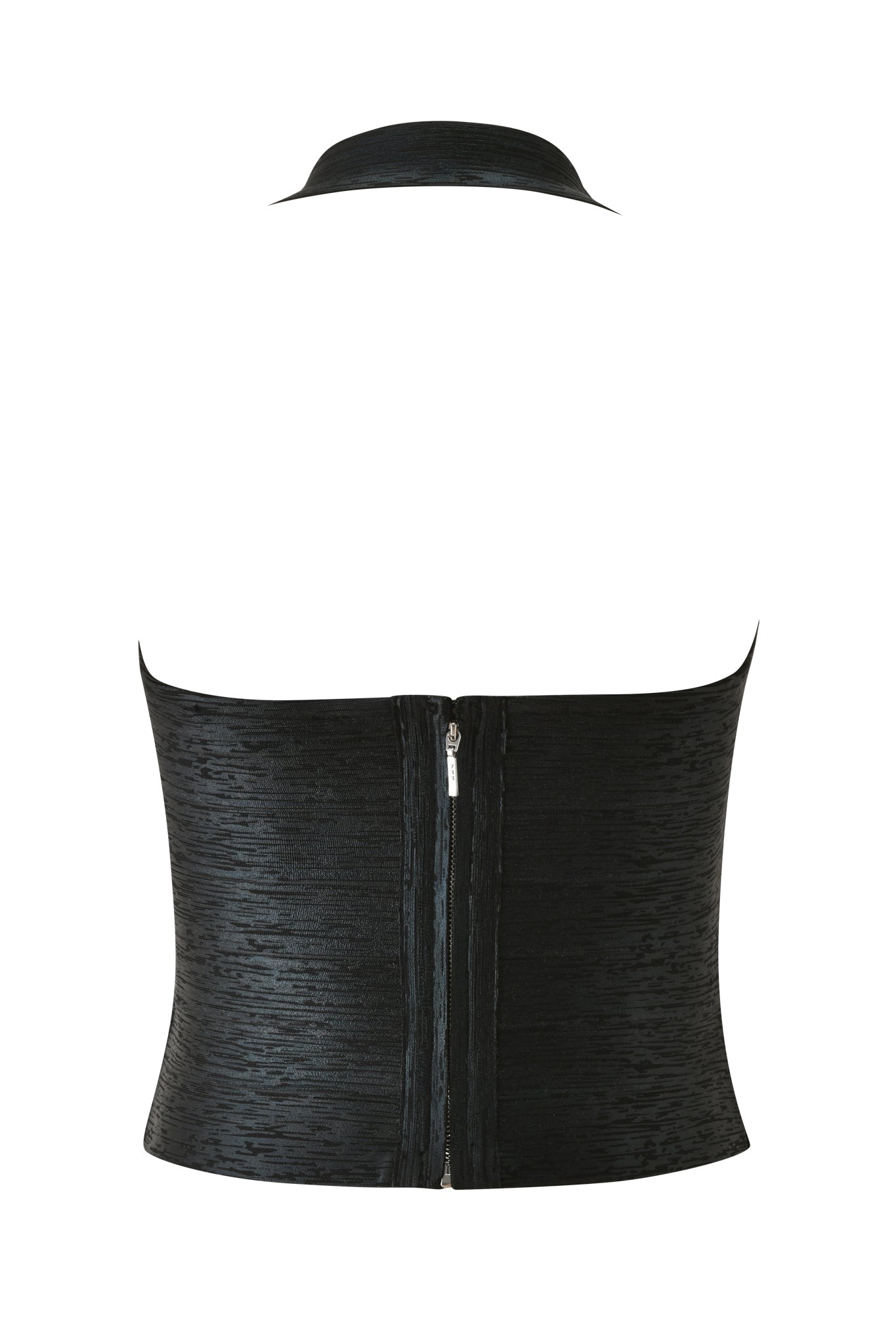 Introducing the AIDEN PLATINUM BANDAGE TOP in black by I.AM.GIA. This strapless top features a textured, subtly lustrous fabric and a structured, bandage-style bodycon fit with a slight flare at the hem. Designed with a collar and a visible center-back zipper, it stands out against any backdrop—making it the perfect choice for your next cocktail event.