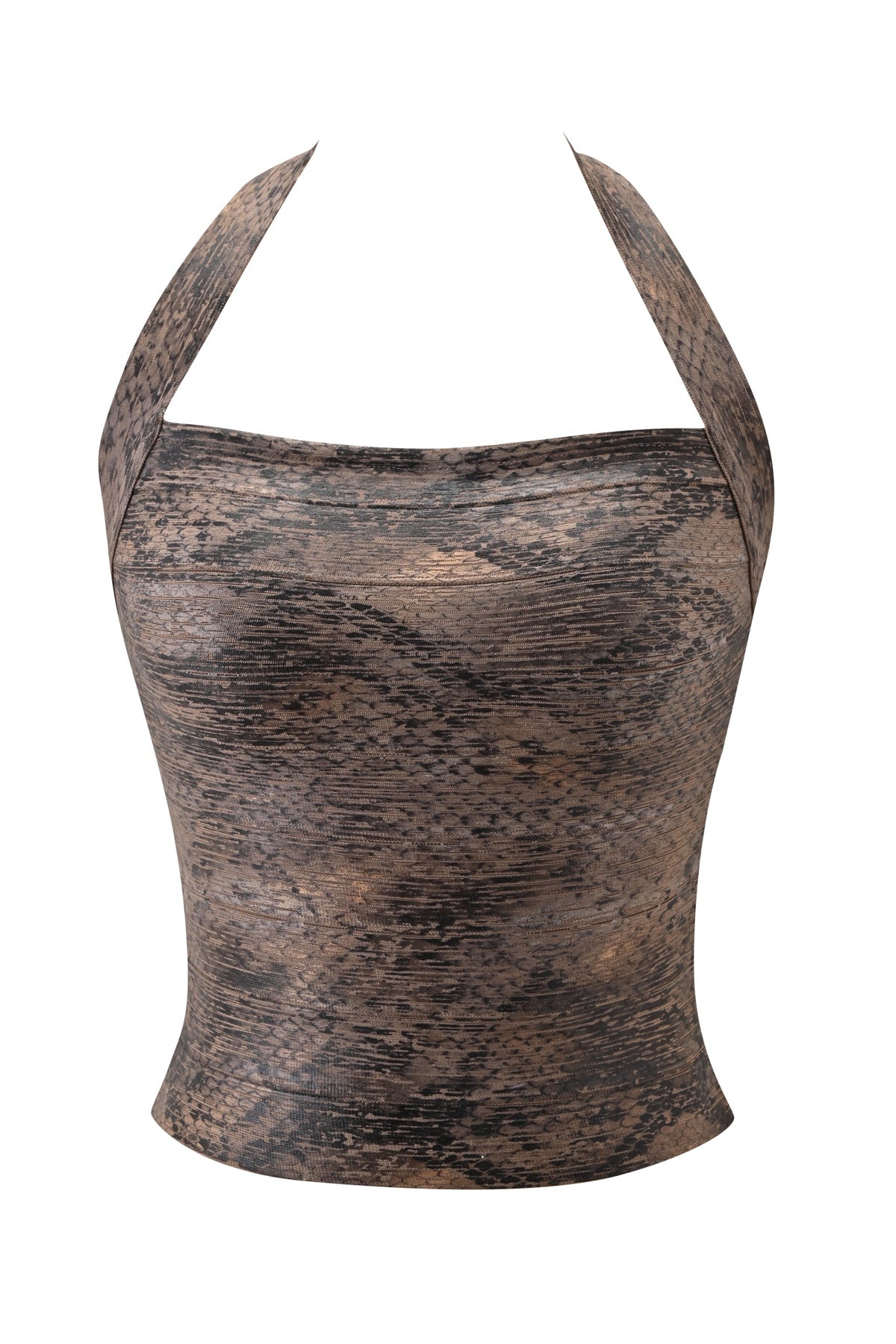 The AIDEN PLATINUM BANDAGE TOP - BRONZE PYTHON by I.AM.GIA features a bronze, python-inspired textured bodycon design with a halter neckline, showcased against a white background.