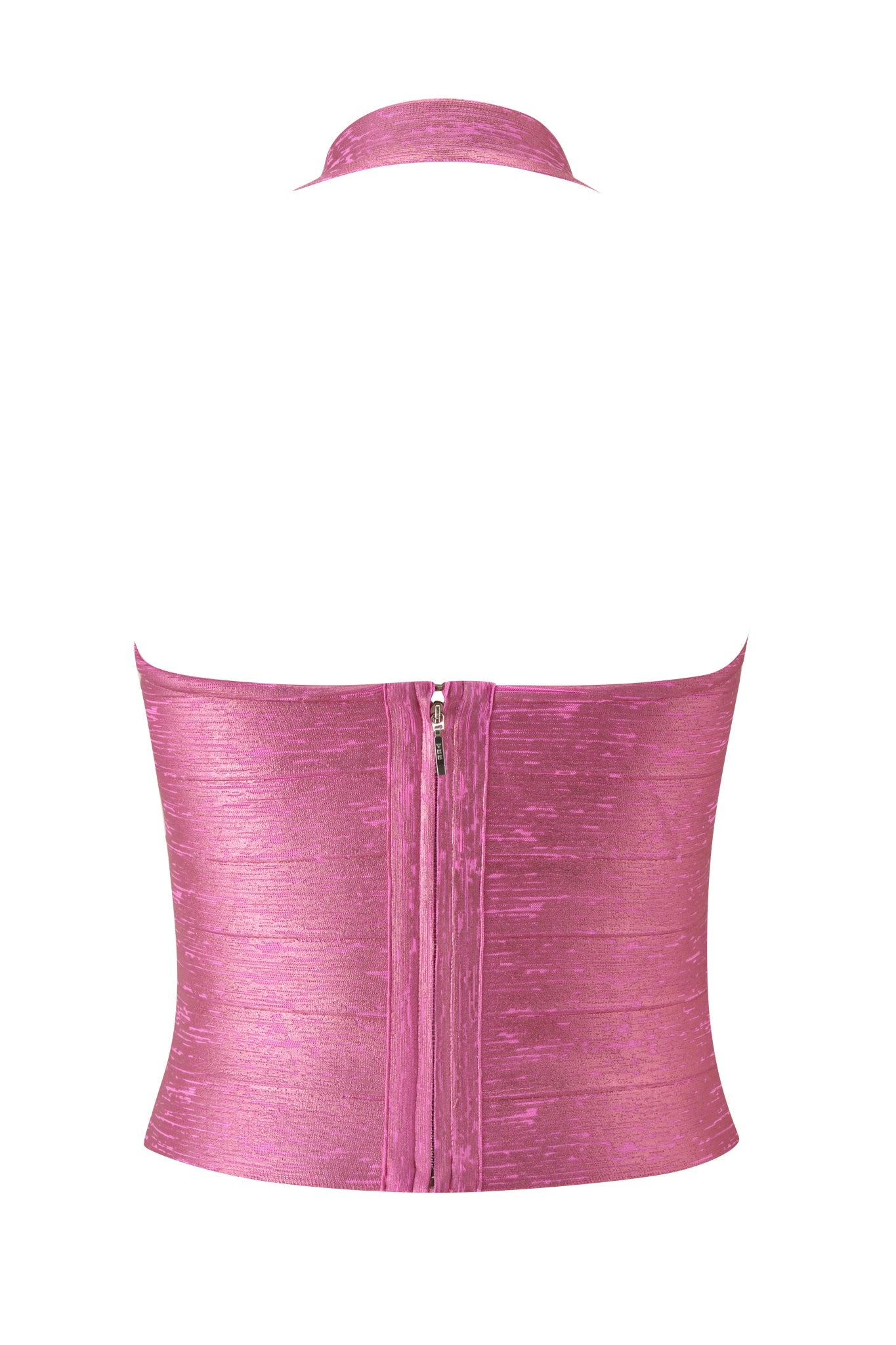 Back view of the I.AM.GIA AIDEN PLATINUM BANDAGE TOP in fuchsia, a shiny pink strapless crop top featuring a collar and a center zipper closure. Made from premium bandage knit fabrication, the fabric offers a subtle textured pattern with a slight sheen.