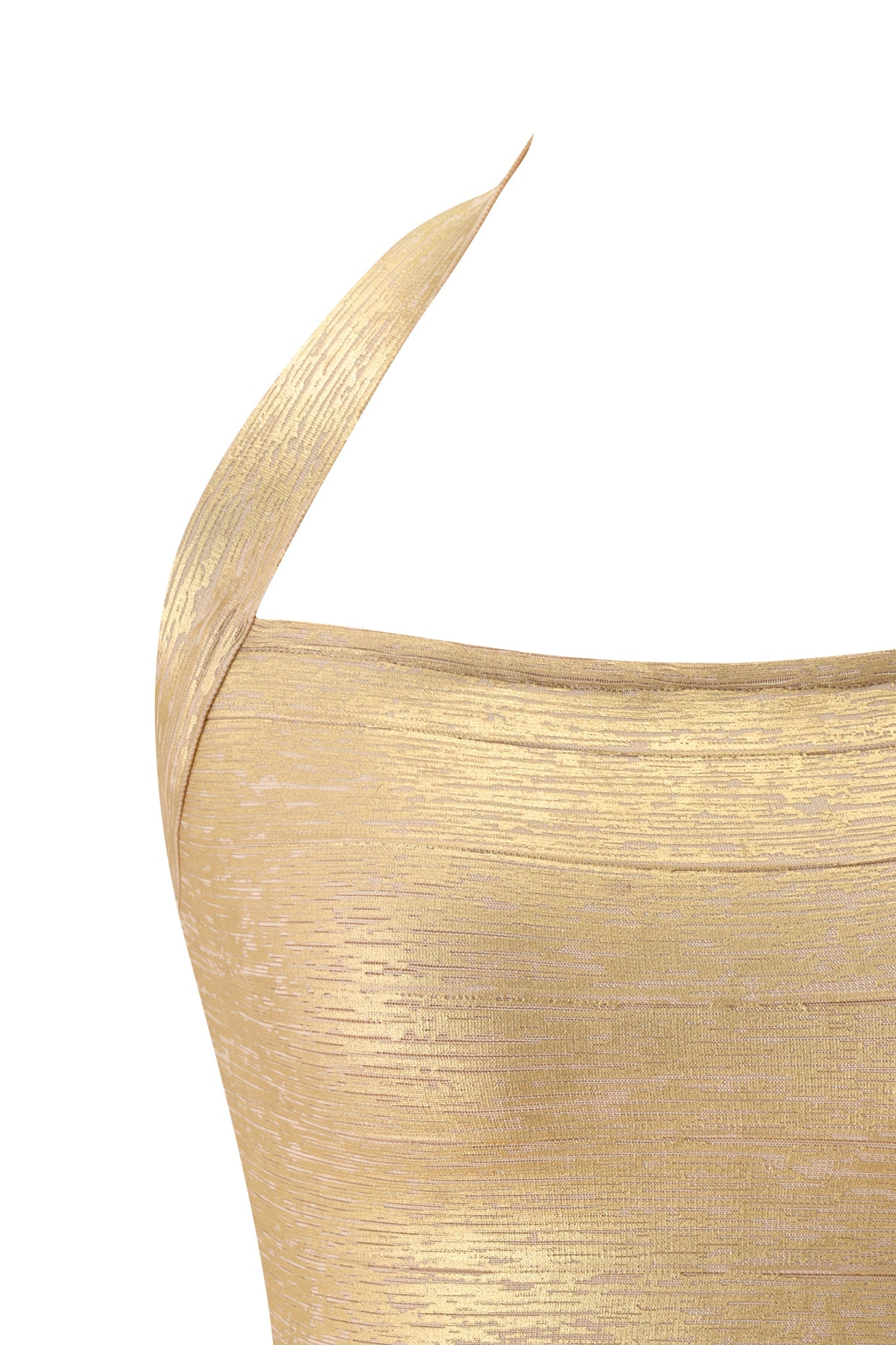 Close-up of the I.AM.GIA AIDEN PLATINUM BANDAGE TOP in gold, featuring a textured, metallic knit with subtle horizontal lines and a single shoulder strap, set against a plain white background.