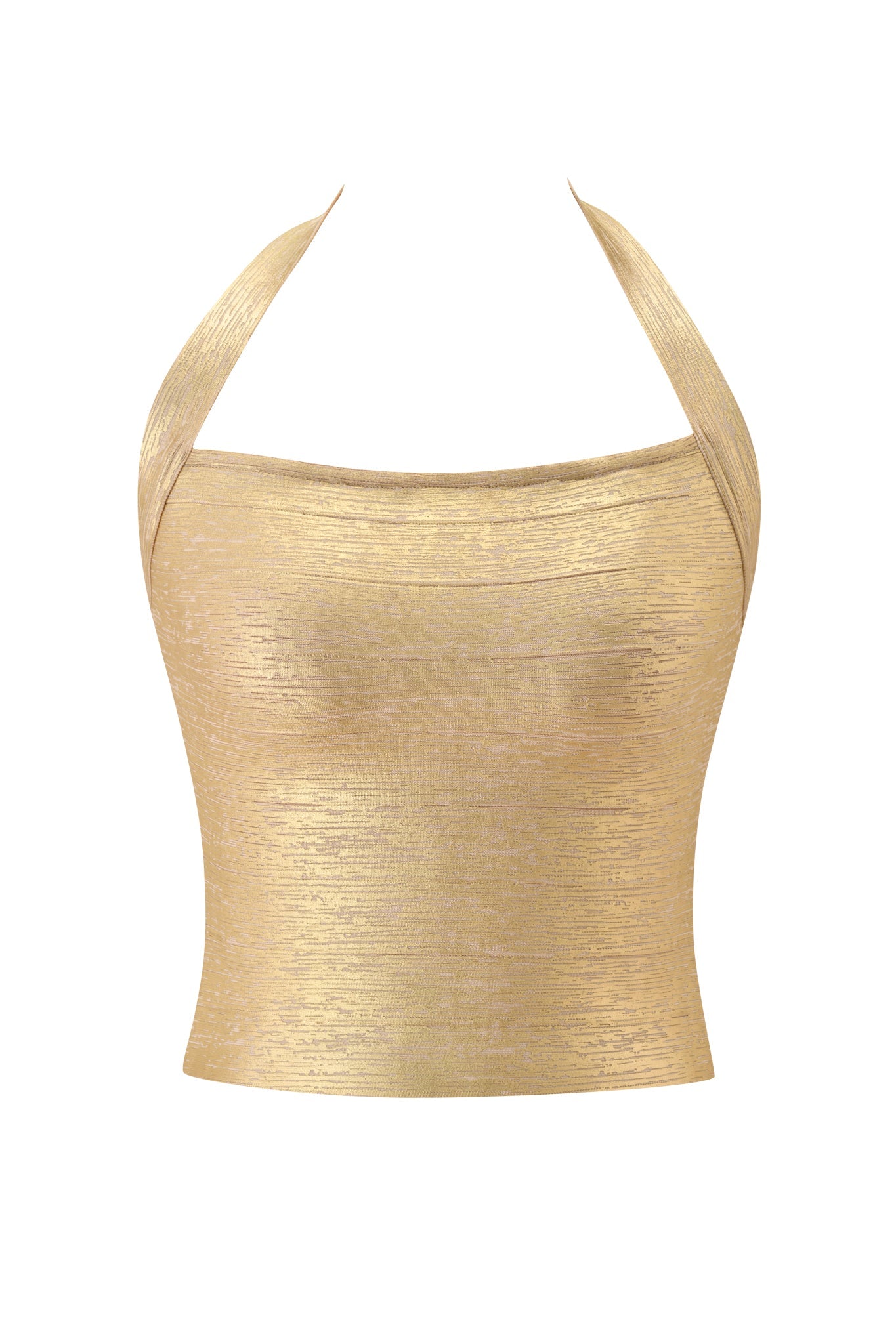 The AIDEN PLATINUM BANDAGE TOP by I.AM.GIA features a metallic gold hue, halter neck, premium knit fabric, shiny textured finish, and bodycon fit, shown against a white background.