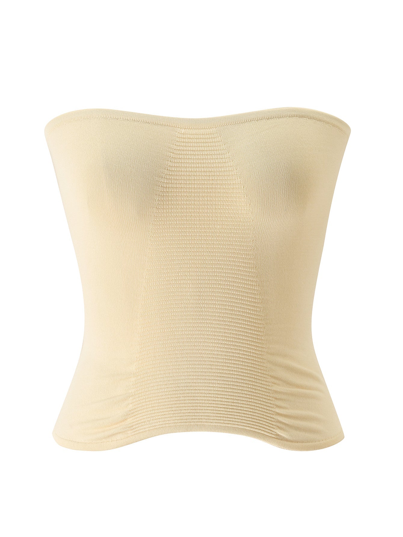 The I.AM.GIA ZENDAYA KNIT TUBE TOP in cream is a strapless, seamless top showcased against a white background. Crafted from stretchy ribbed fabric, it hugs the torso for a timeless bodycon knit silhouette.