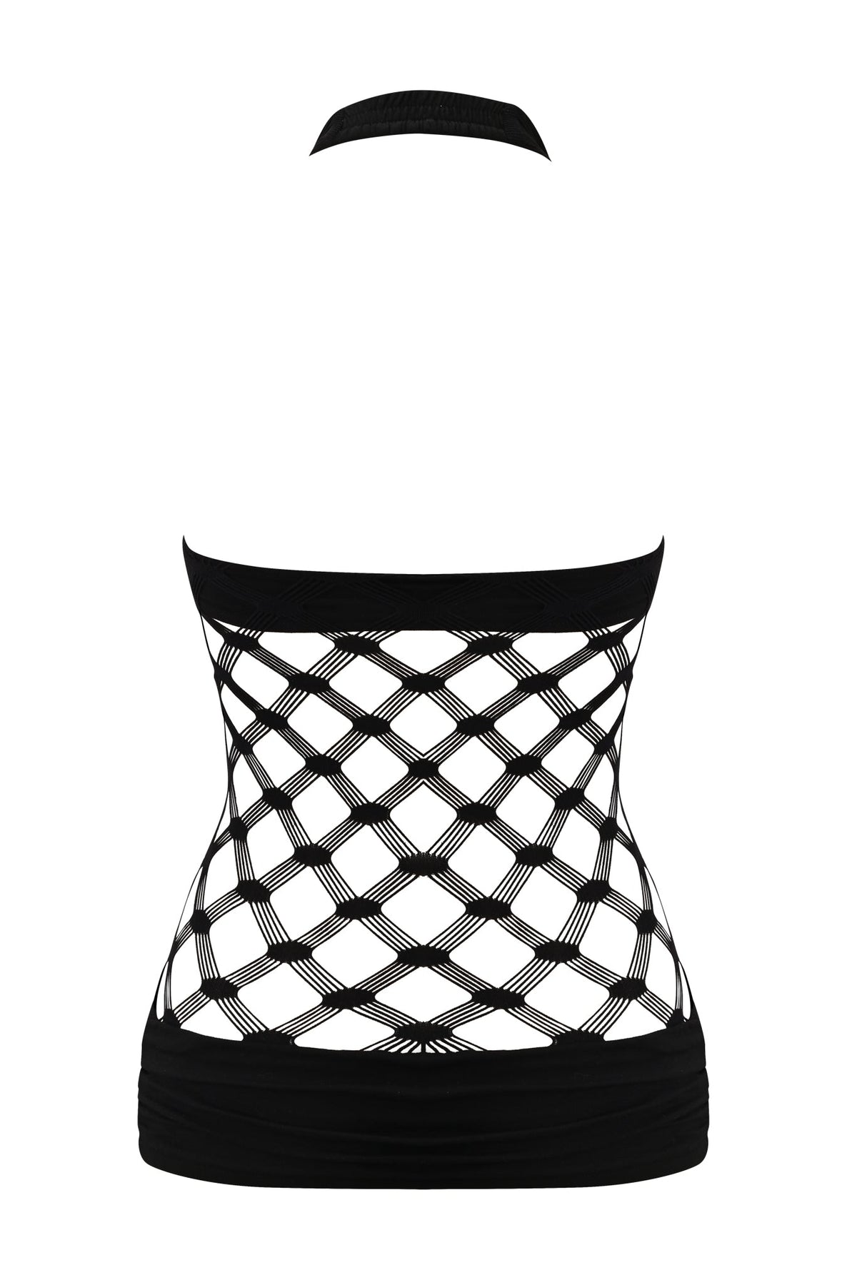 Black ZOREEN TOP - BLACK midi dress featuring a halter-neck design with a wide-gauge fishnet midsection.