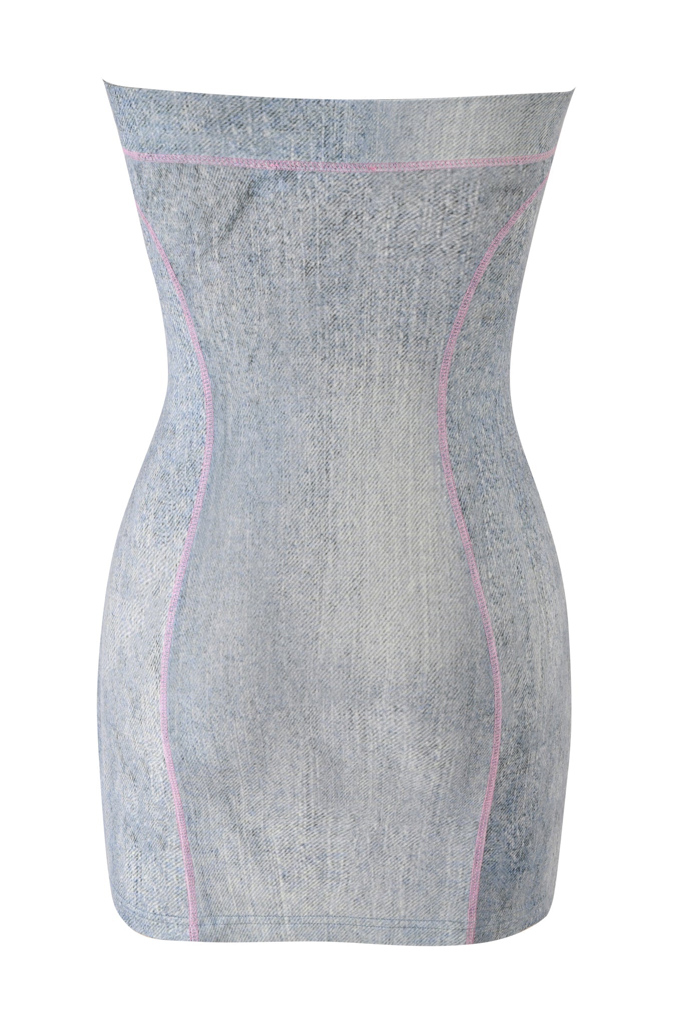 The BLARE TUBE MINI DRESS - DENIM TROMPE L'OEIL by I.AM.GIA is a strapless, form-fitting light blue denim mini dress with pink seams, shown on a white background.