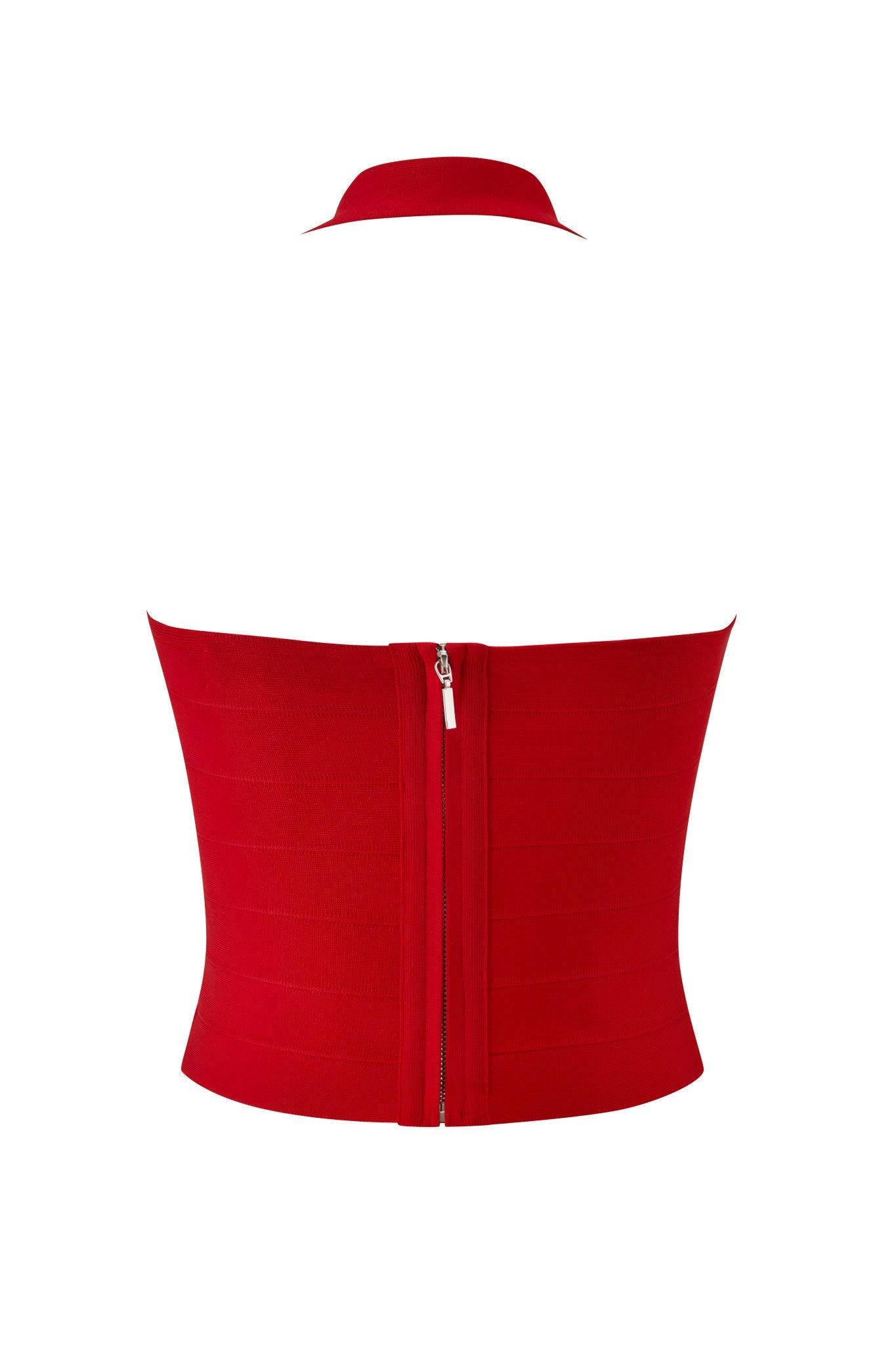 The I.AM.GIA AIDEN BANDAGE TOP in red is a premium heavyweight knit, strapless bustier-style top featuring a back zipper closure, shown on a white background.