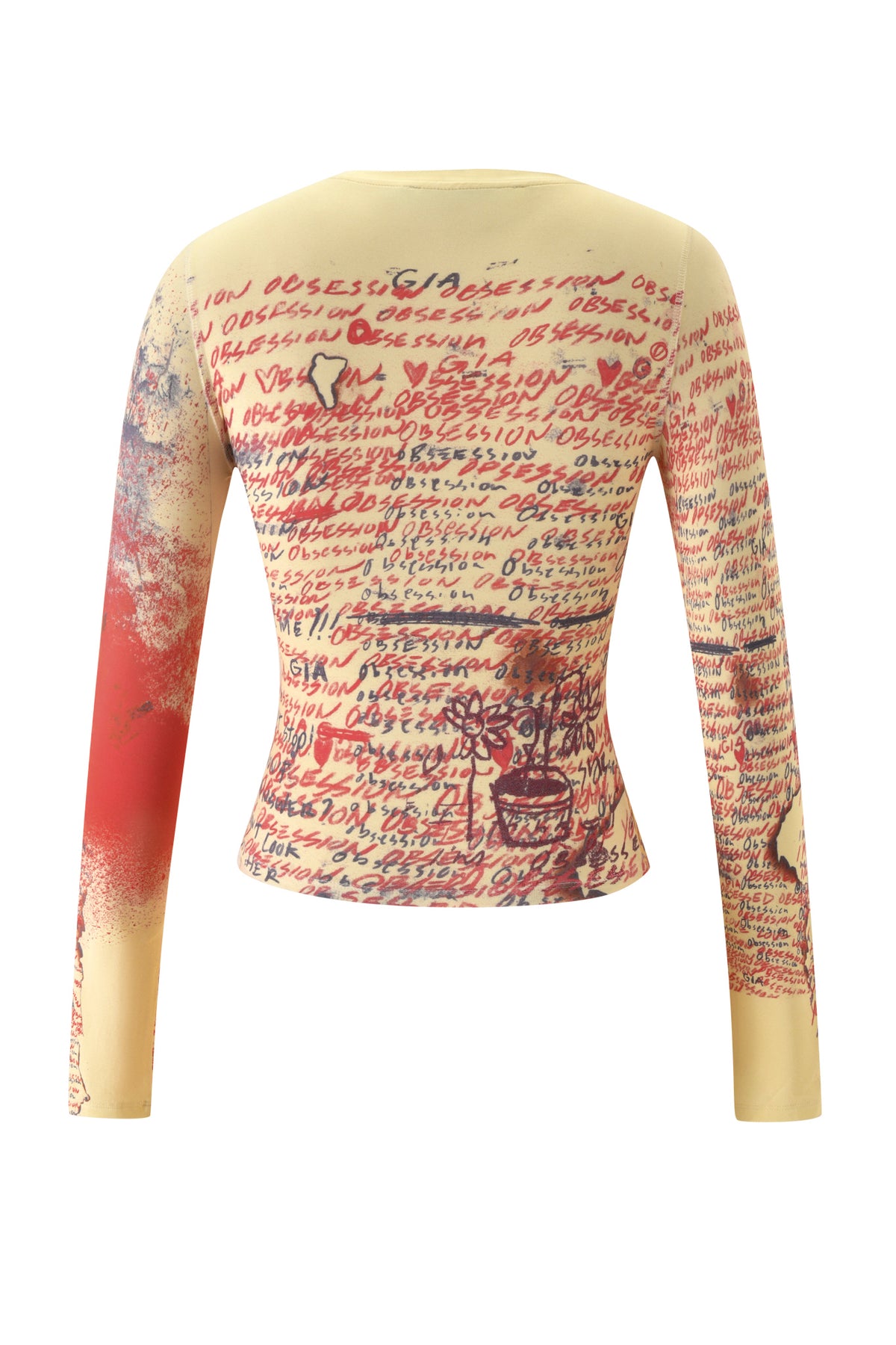 The I.AM.GIA T-REX BLARE 2.0 LONG SLEEVE TEE in yellow features a fitted crewneck silhouette, covered with bold red handwritten script across the back and sleeves, along with minimalist hand-drawn graphics—including a potted plant—for an artistic, graphic look.