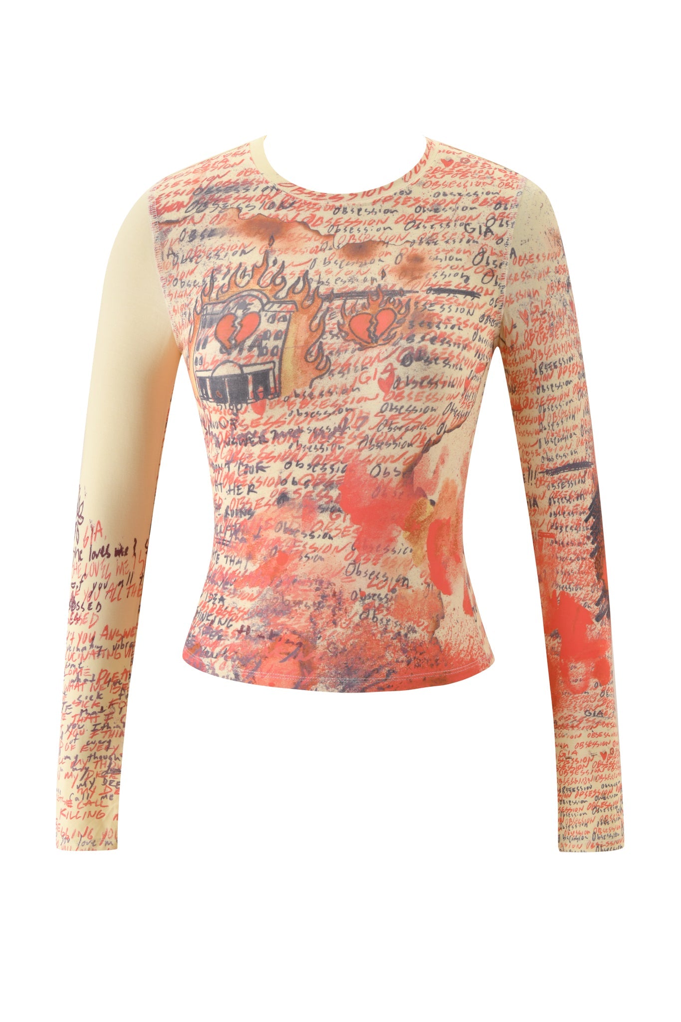 The T-REX BLARE 2.0 LONG SLEEVE TEE by I.AM.GIA is a fitted, long-sleeve top featuring an all-over print of handwritten text, abstract red and orange paint splatters, and a small graphic of two hearts on the chest. The yellow background and semi-sheer sleeves complete this edgy bodycon tee’s standout look.