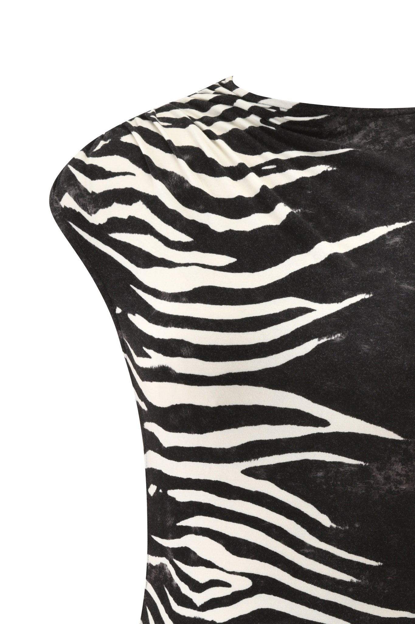 A close-up of the ELIANA MINI DRESS - BLACK WILD SIDE by I.AM.GIA, showcasing its sleeveless design and bold black and white wild side pattern.