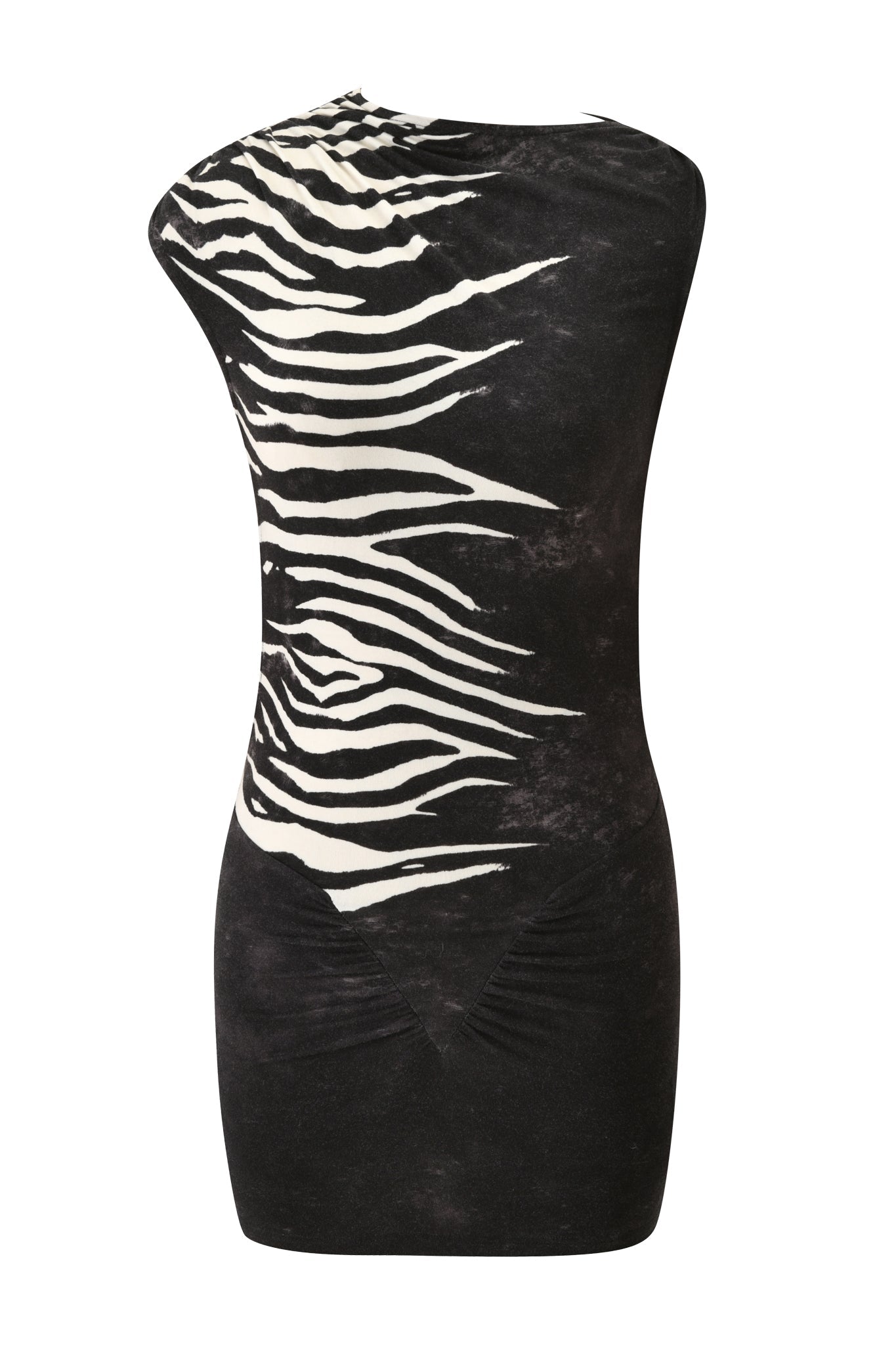 The ELIANA MINI DRESS - BLACK WILD SIDE by I.AM.GIA is a sleeveless mini dress with an asymmetrical neckline and a striking white zebra stripe detail running diagonally across the front from the left shoulder, crafted from ultra-soft bamboo viscose jersey for ultimate comfort.