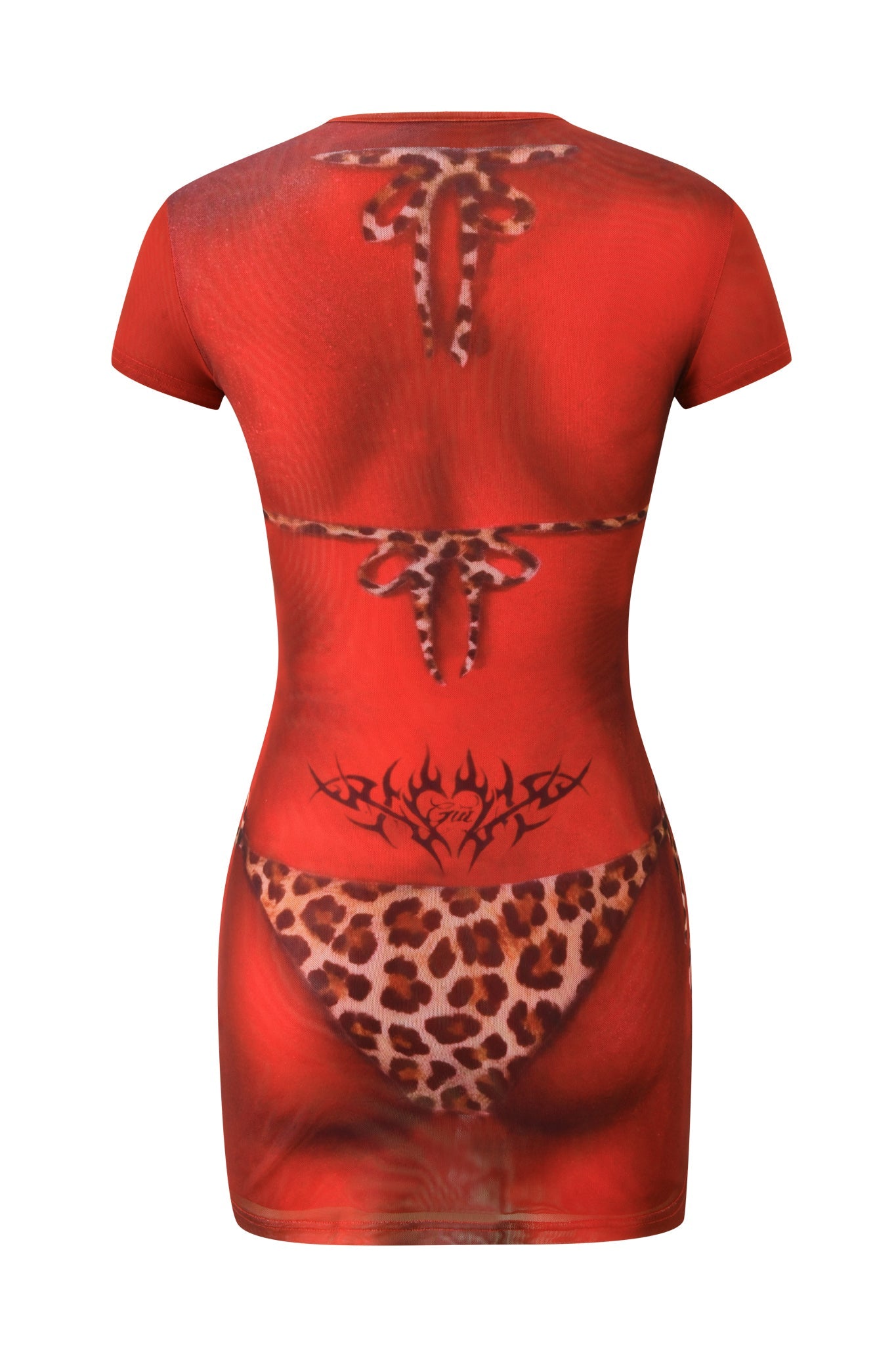 Introducing the I.AM.GIA T-REX SPRAY BIKINI MINI DRESS – CHEETAH BIKINI BODY: a vibrant red short-sleeve dress designed with an eye-catching airbrush cheetah bikini print and playful lower back tattoo graphic, perfectly channeling bold Y2K vibes reminiscent of the back view of someone rocking a statement-making cheetah print bikini.