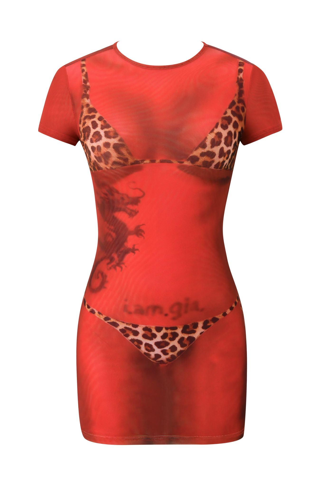 Introducing the I.AM.GIA T-REX SPRAY BIKINI MINI DRESS - CHEETAH BIKINI BODY: a sheer, short-sleeve red mesh bodycon mini dress featuring a bold printed image of cheetah-print bikini-style bra and panties. Y2K-inspired accents include a striking black dragon and text graphic on the left side, adding an edgy statement to this standout piece.