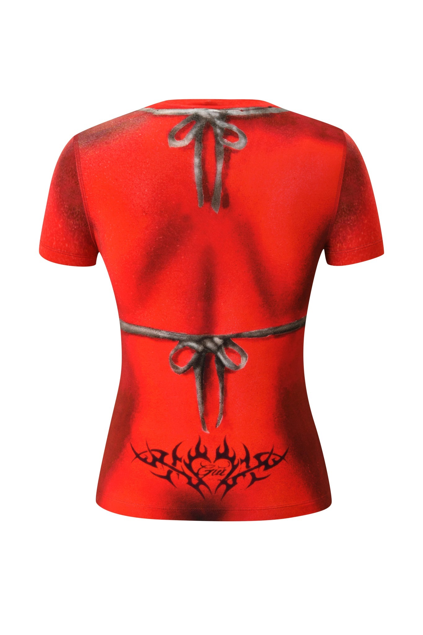 The I.AM.GIA T-REX SPRAY BIKINI BLARE TEE in red is a Y2K-inspired short-sleeve top featuring bold black ribbon bow prints on the back and a striking black tribal tattoo pattern near the waist, making it a perfect statement festival graphic tee.