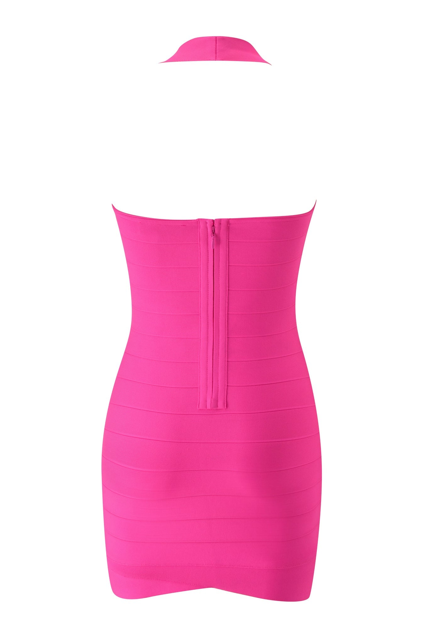 The ROSELLA BANDAGE MINI DRESS by I.AM.GIA is displayed from the back in neon pink, showcasing its strapless silhouette and a prominent vertical zipper down the center.