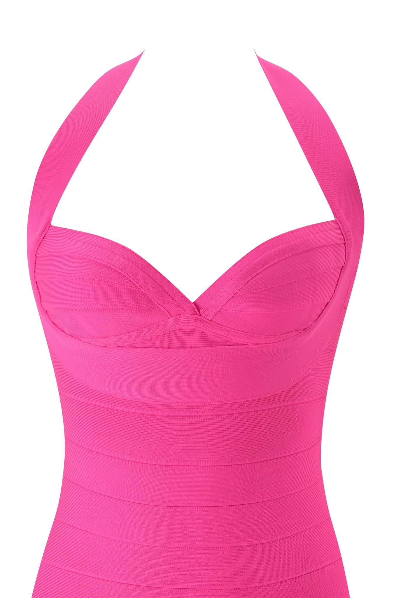 The ROSELLA BANDAGE MINI DRESS by I.AM.GIA is a bright neon pink, featuring a halter-neck design with a sweetheart neckline and a fitted, structured bodice. This striking bandage mini dress is shown against a plain background with no visible accessories.