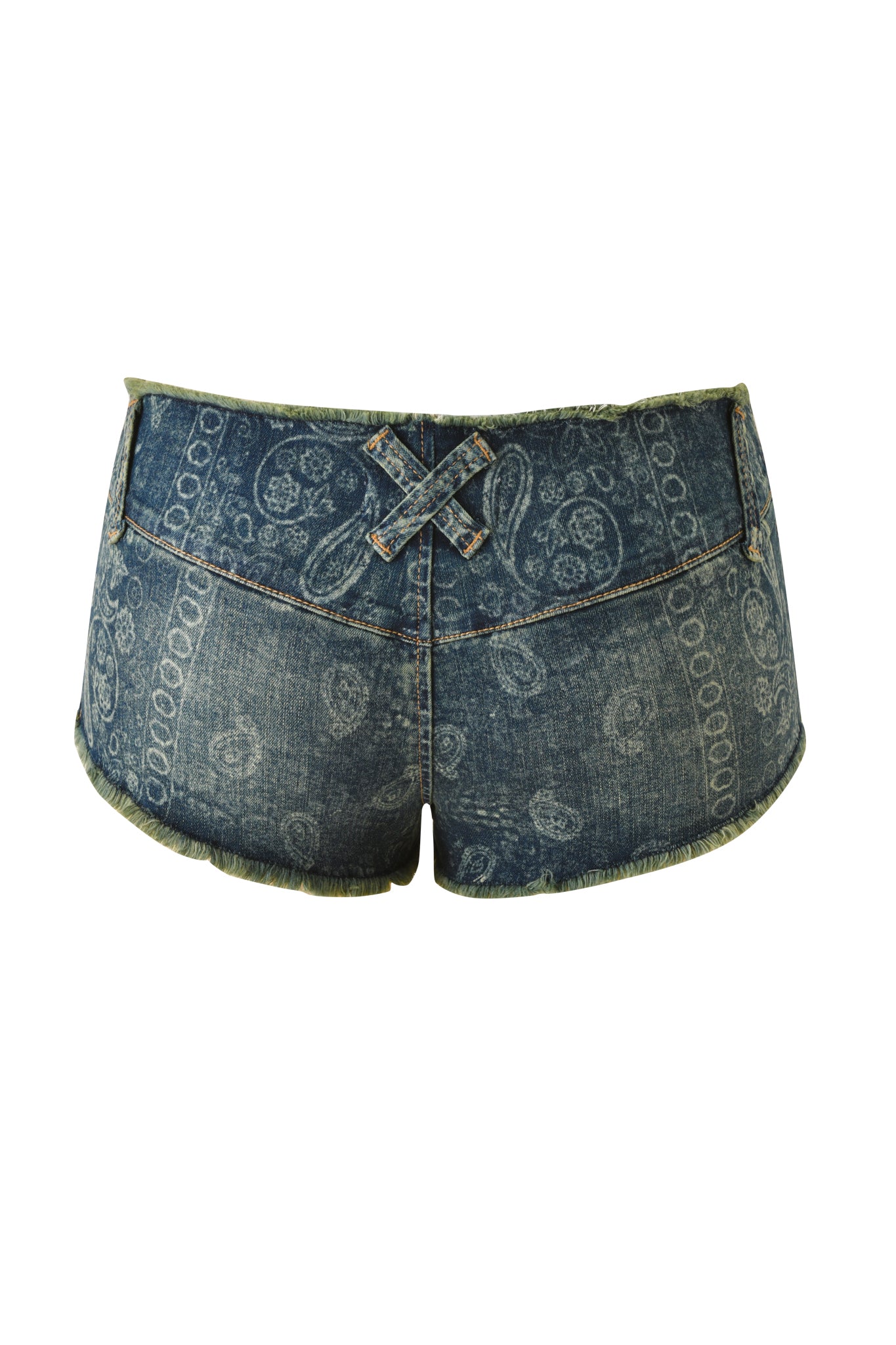 The T-REX VEXA MICRO SHORT - BLUE BANDANA by I.AM.GIA features blue denim in a micro mini cut with a blue bandana paisley pattern, crisscross detailing on the back waistband, and rolled cuffs, displayed against a white background.