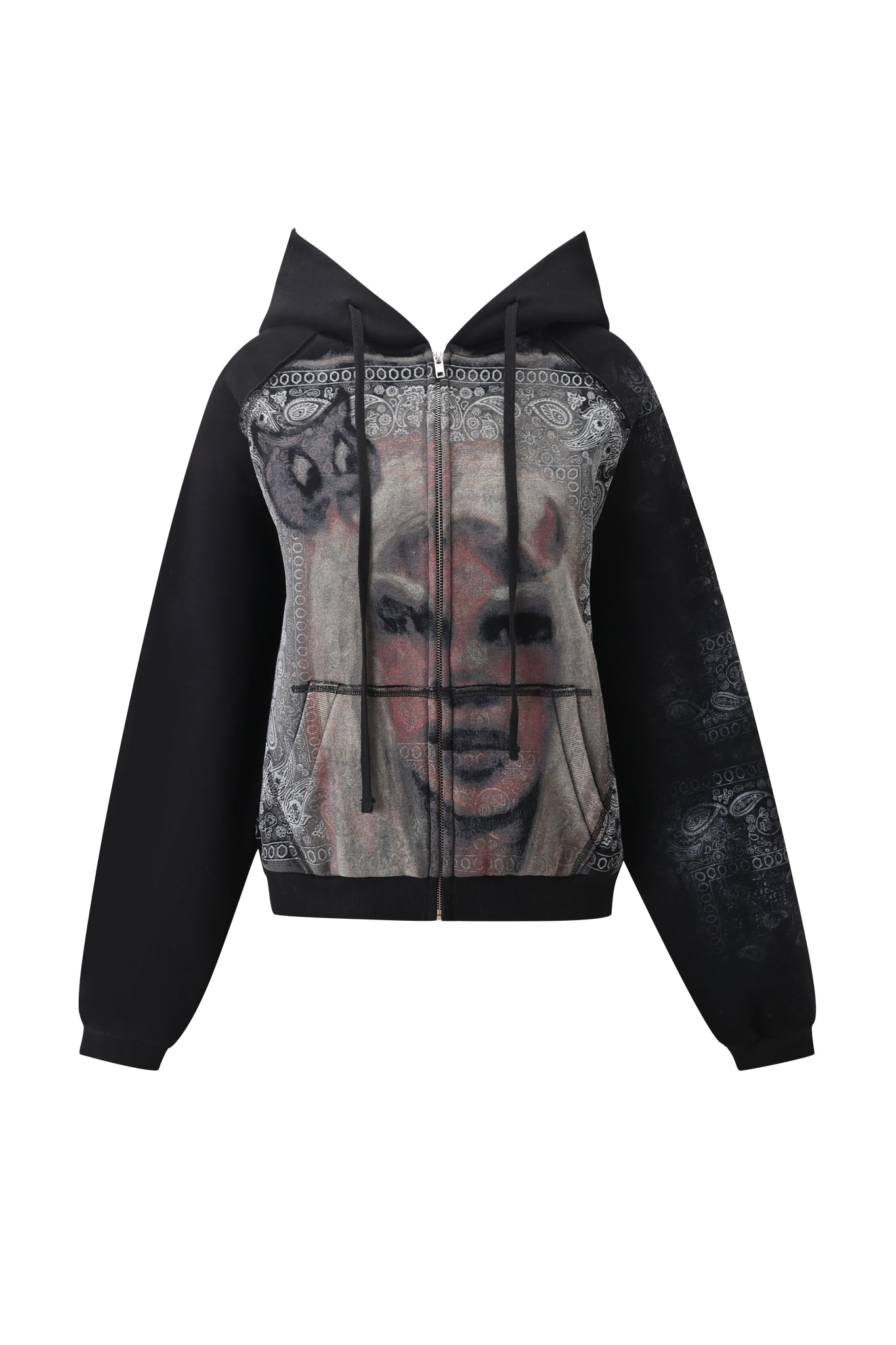 The I.AM.GIA T-REX ZIP THRU HOODIE - BLACK BANDANA features a zip-up front and showcases a bold, stylized spray-painted face with horns, framed by a bandana print border. This statement street style hoodie is perfect for effortlessly elevating any casual outfit.