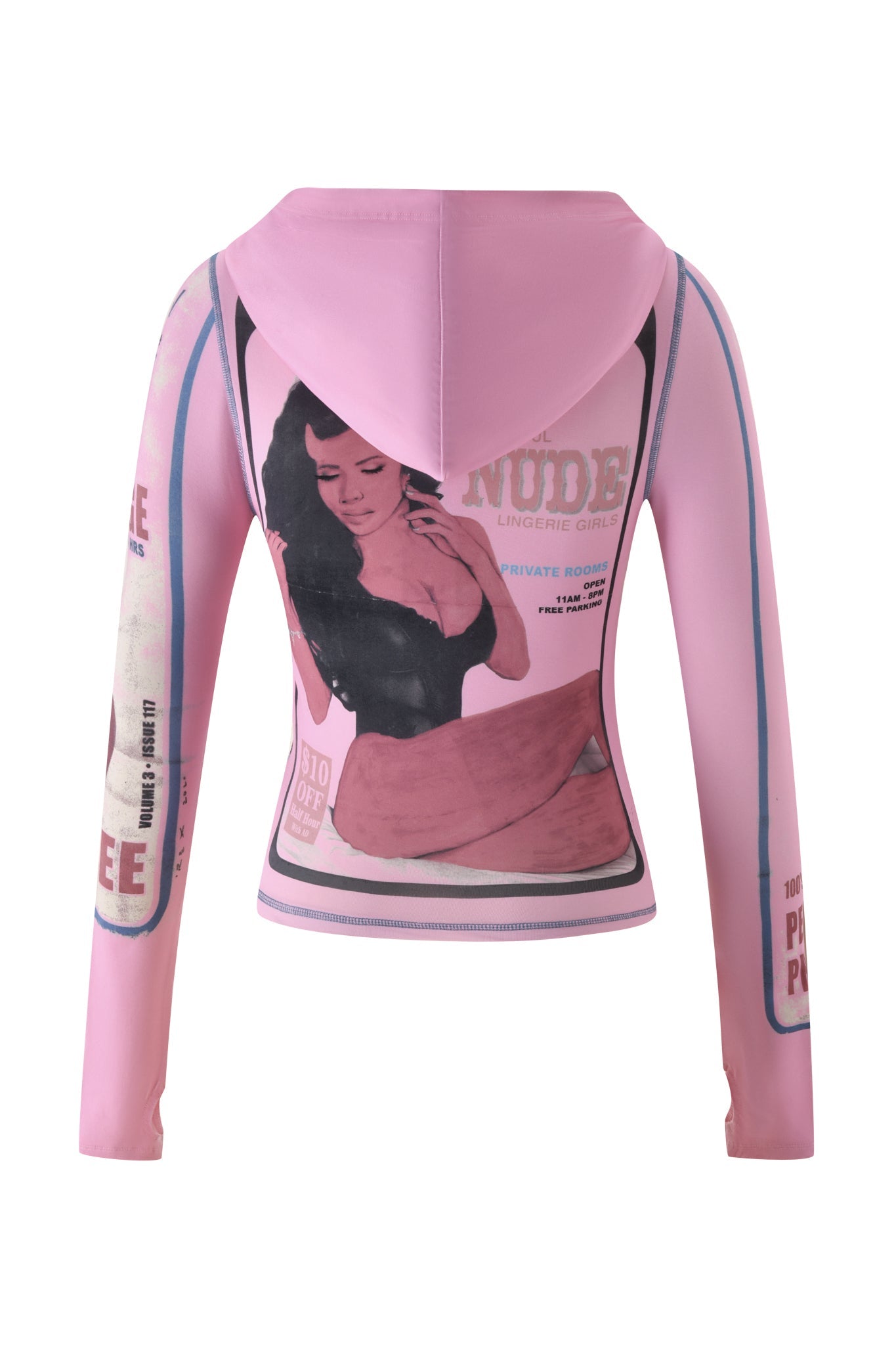 The I.AM.GIA T-REX BLARE HOODIE in pink features vintage-style pin-up graphics of a woman in black lingerie, bold "NUDE LINGERIE GIRL" text, and eye-catching promotional phrases on the sleeves and back, bringing edgy attitude to classic streetwear.