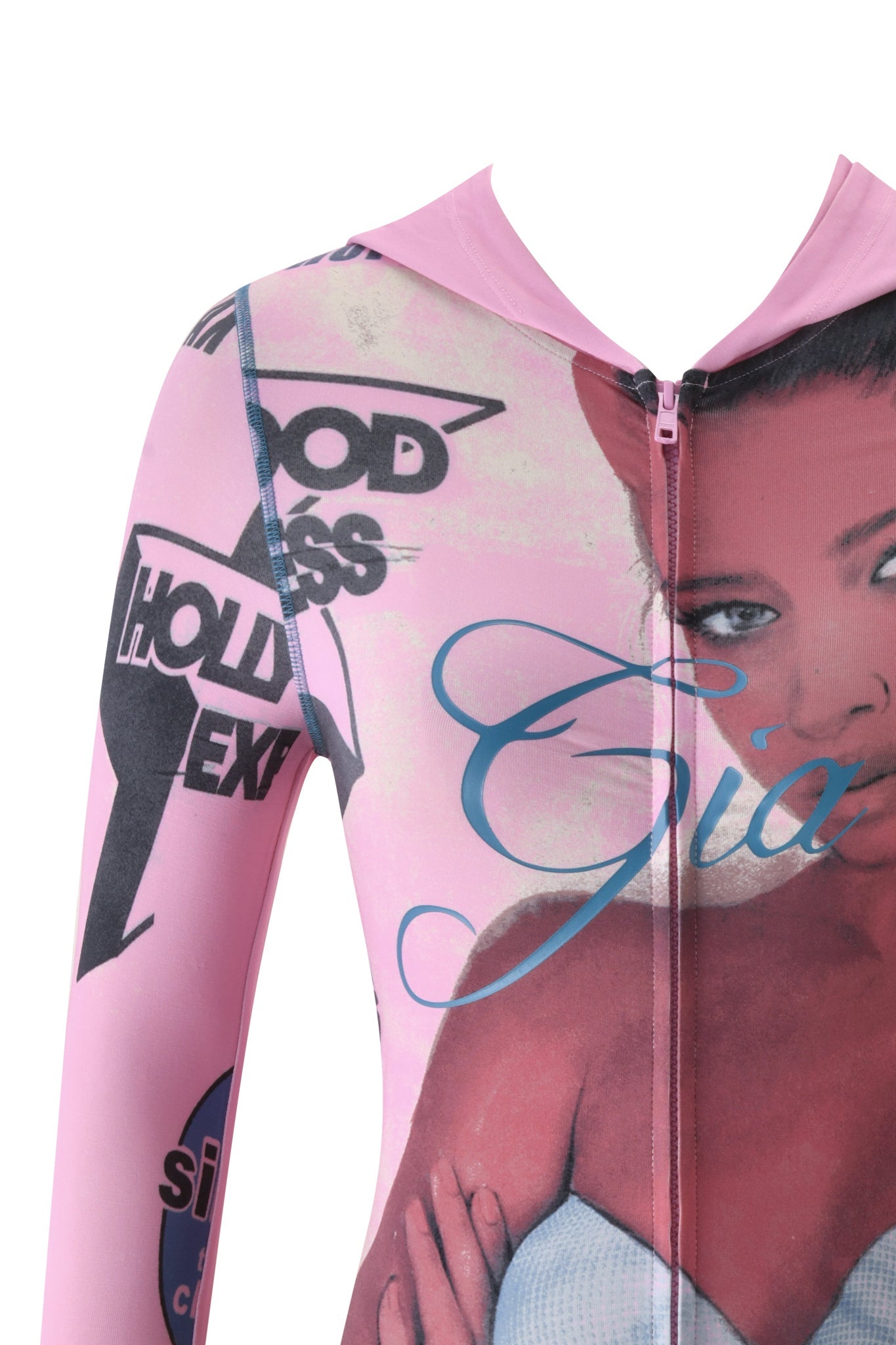Close-up of the T-REX BLARE HOODIE - PINK by I.AM.GIA, showcasing printed graphics, bold black text, and a large partial image of a woman's face and upper body, with "Gia" in blue script across the chest.