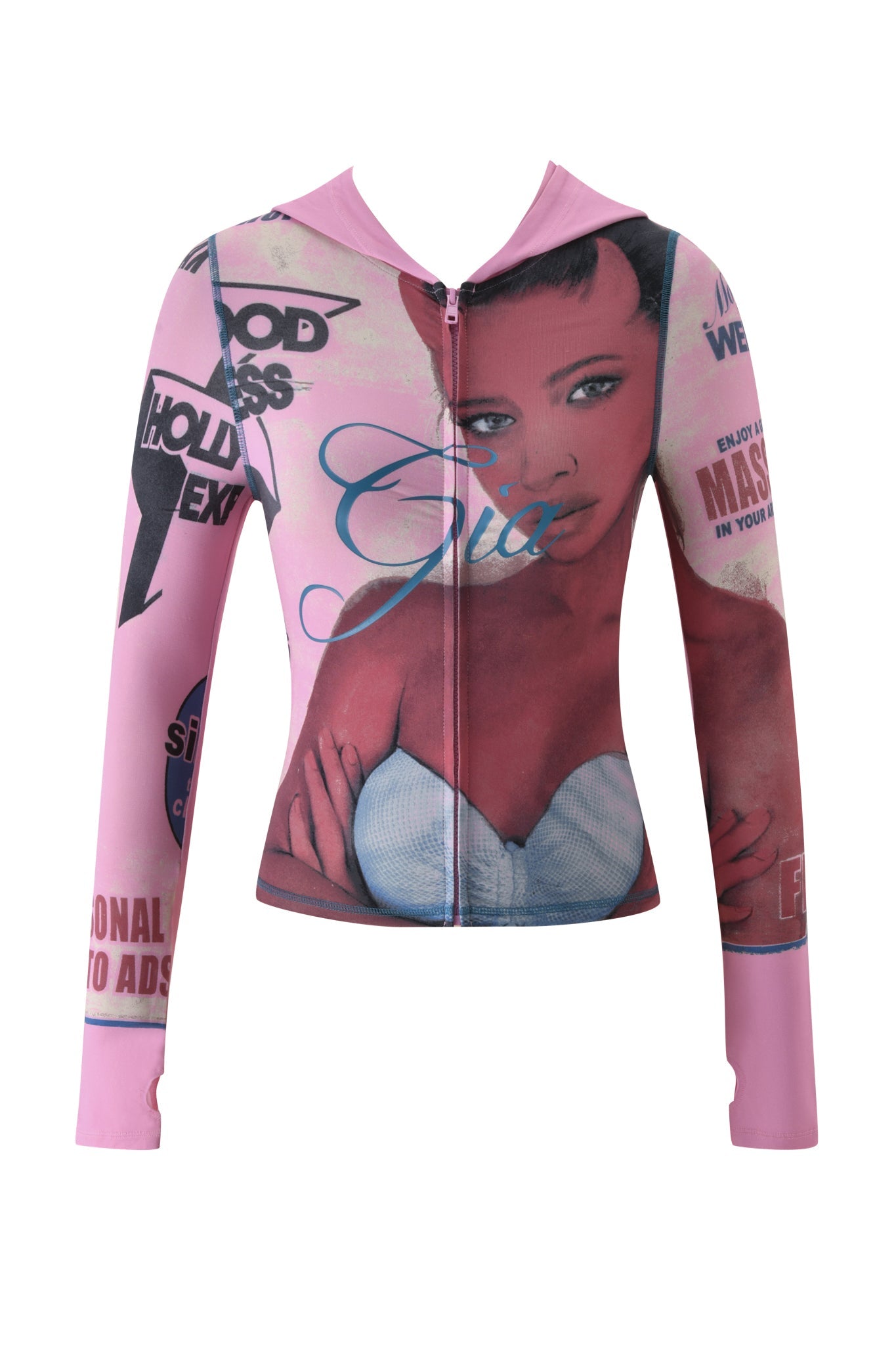 The I.AM.GIA T-REX BLARE HOODIE in pink is a baby pink zip-up hoodie featuring a large printed image of a woman in a white top, along with various bold black, blue, and red text and graphic designs across the front and sleeves.