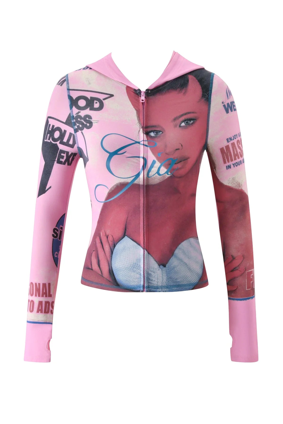 The T-REX BLARE HOODIE - PINK by I.AM.GIA is a zip-up hoodie crafted from soft bamboo fabric, featuring a large printed image of a woman in a white top, along with various blue, red, and black text graphics across the front and sleeves for added style and comfort.