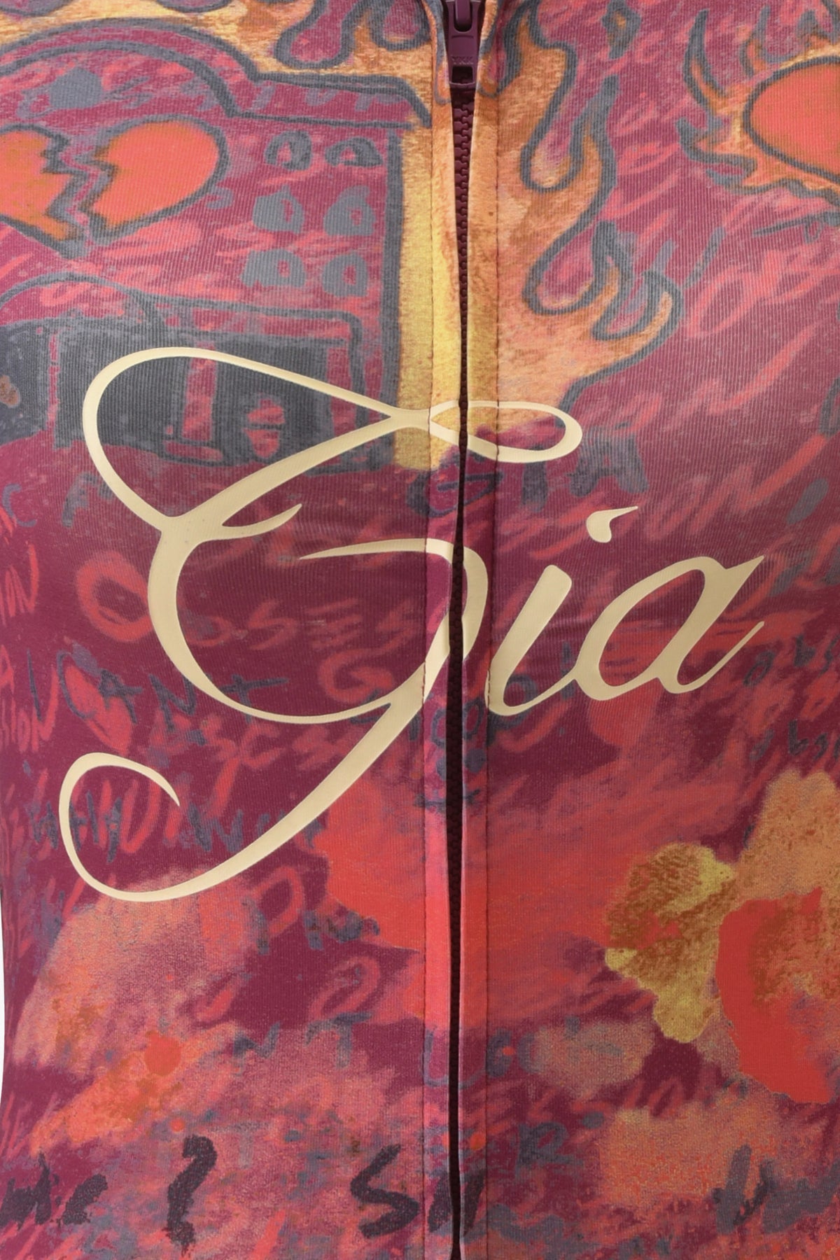 Close-up of a vibrant hoodie adorned with bold red abstract patterns, featuring the product name "T-REX BLARE HOODIE - RED" in large, elegant, cream-colored script across the center—a signature detail reminiscent of the iconic I.AM.GIA logo.