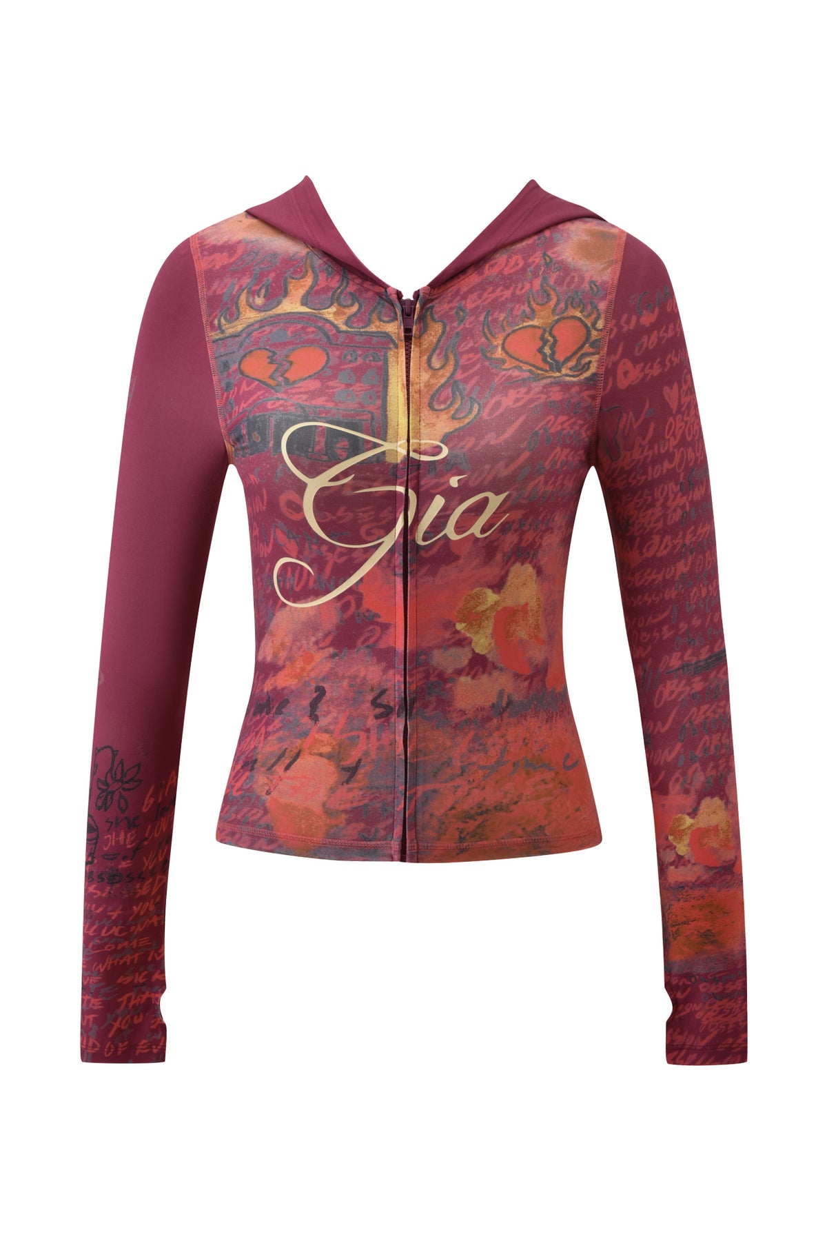 The T-REX BLARE HOODIE - RED by I.AM.GIA is a fitted, zip-up hoodie with long sleeves, showcasing a striking red and orange abstract flame-inspired print. Designed from soft bamboo fabric, it features scribbled text and the name "Gia" in bold cursive on the front, finished with an embroidered I.AM.GIA logo for a standout statement look.