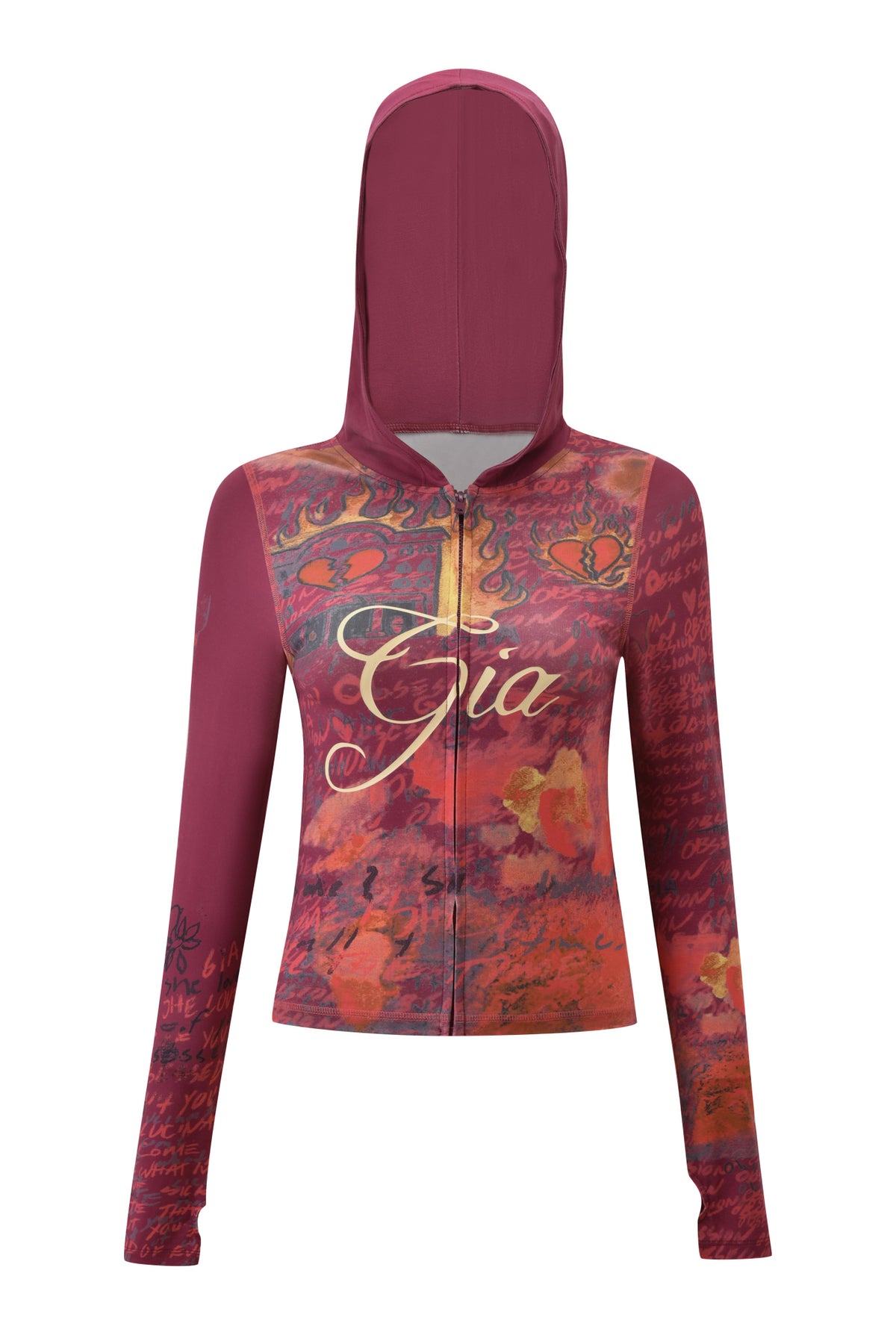 Introducing the T-REX BLARE HOODIE - RED by I.AM.GIA: a striking maroon zip-up hoodie featuring a vibrant, artistic pattern, long sleeves, and "Gia" elegantly scripted across the chest. This standout piece includes signature I.AM.GIA logo detailing, perfectly combining bold style and everyday comfort.